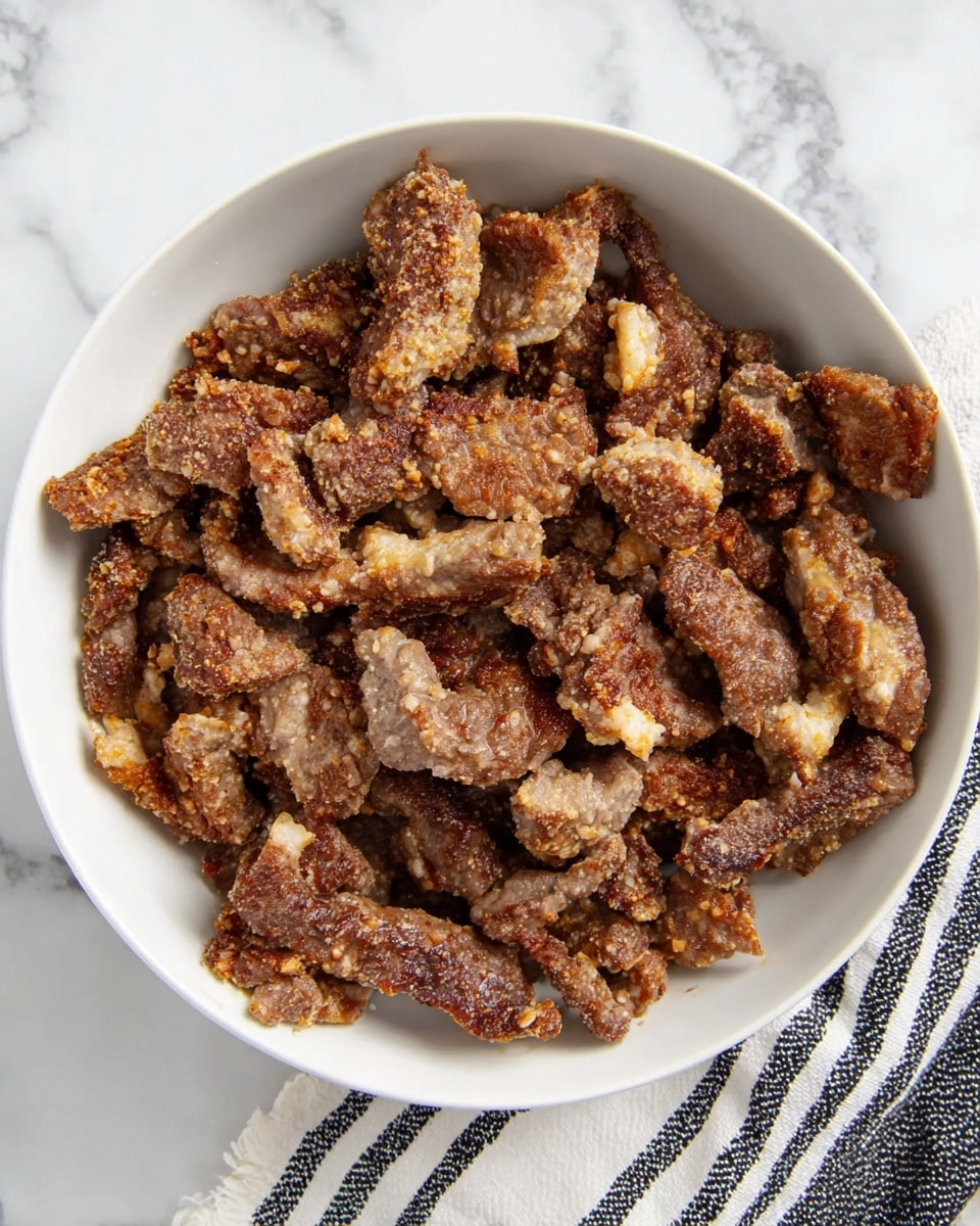 The image shows a white bowl filled with small pieces of cooked beef that have a golden-brown, crispy texture on the edges. The beef pieces are irregular in shape and have a mix of darker brown cooked areas and lighter beige spots where the coating or batter is visible. The bowl sits on a white marbled surface, and there is a striped cloth with black and white lines partially visible next to it. The overall look is of a crunchy, fried beef snack or appetizer. photo taken with an iphone --ar 4:5 --v 7