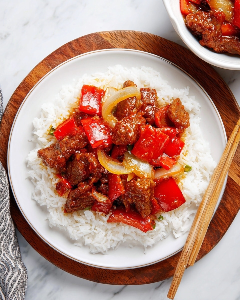 The image shows a dish with three visible layers: the bottom layer is a bed of white, fluffy rice that fills the entire round white plate; on top, there is a thick layer of mixed pieces of soft, reddish-orange beef with a glossy sauce, chunks of bright red bell peppers, and light yellow onions, all mixed together showing a shiny, slightly sticky texture; the plate rests on a round wooden cutting board placed on a white marbled surface, and in the upper right corner, part of a white bowl with more of the same beef mix is visible, along with a pair of wooden chopsticks on the right side. photo taken with an iphone --ar 4:5 --v 7