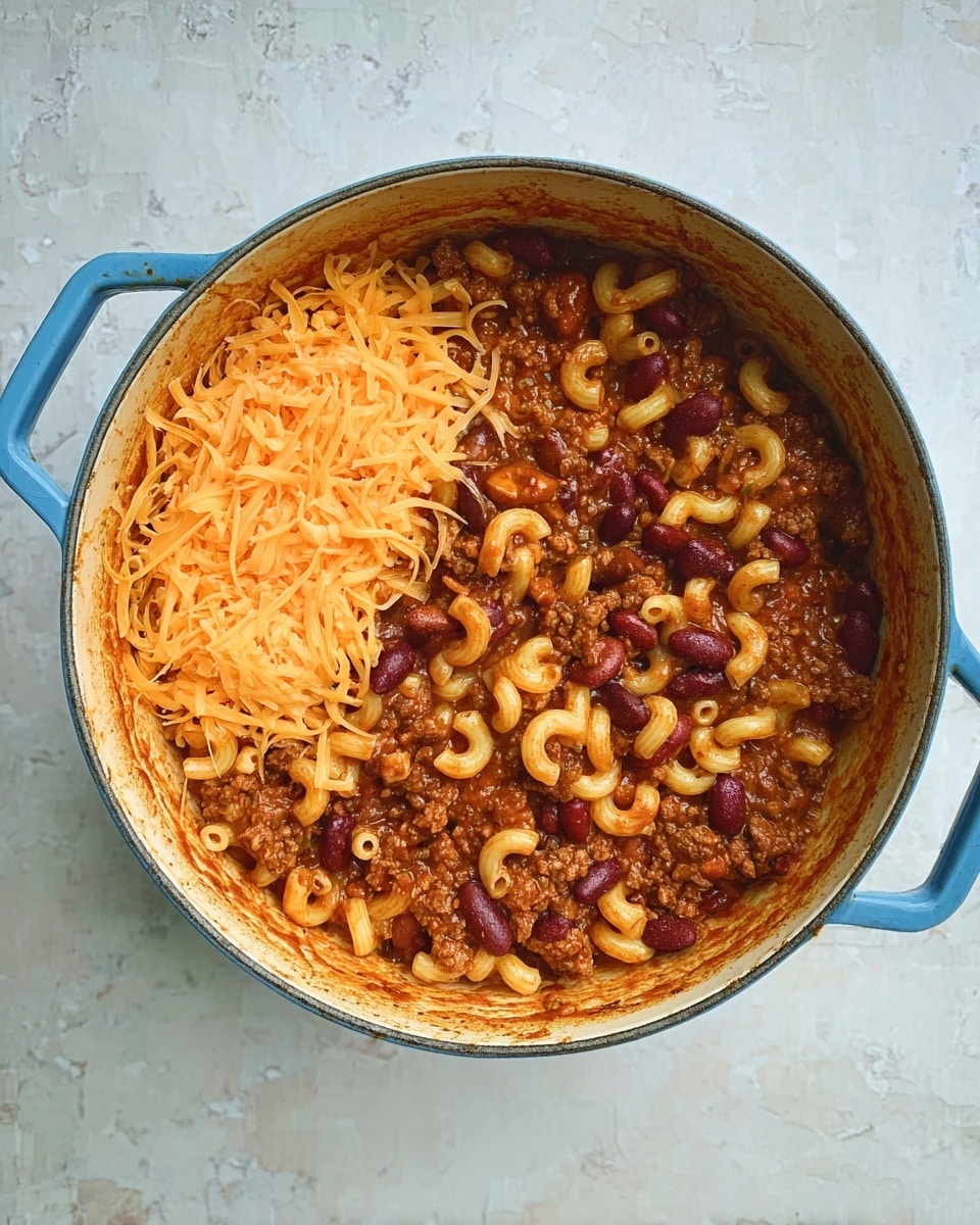 A top view of a round blue pot filled with cooked macaroni pasta and dark red kidney beans mixed in a thick brown meat sauce, with a pile of shredded light orange cheese placed on one side of the pot. The edges of the pot have some sauce stains, and the pot rests on a white marbled surface. photo taken with an iphone --ar 4:5 --v 7