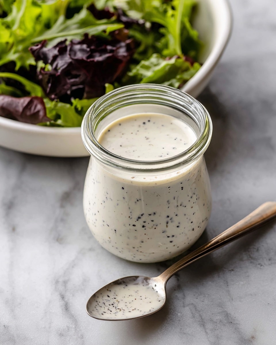 A clear glass jar filled with a thick white creamy sauce that has small black specks evenly mixed throughout. The sauce's texture looks smooth and rich. A vintage tarnished silver spoon is dipped into the jar at an angle, partially covered with the sauce. The jar is placed on a white marbled surface, and the photo is taken from above to show the spoon and the sauce inside clearly. photo taken with an iphone --ar 4:5 --v 7
