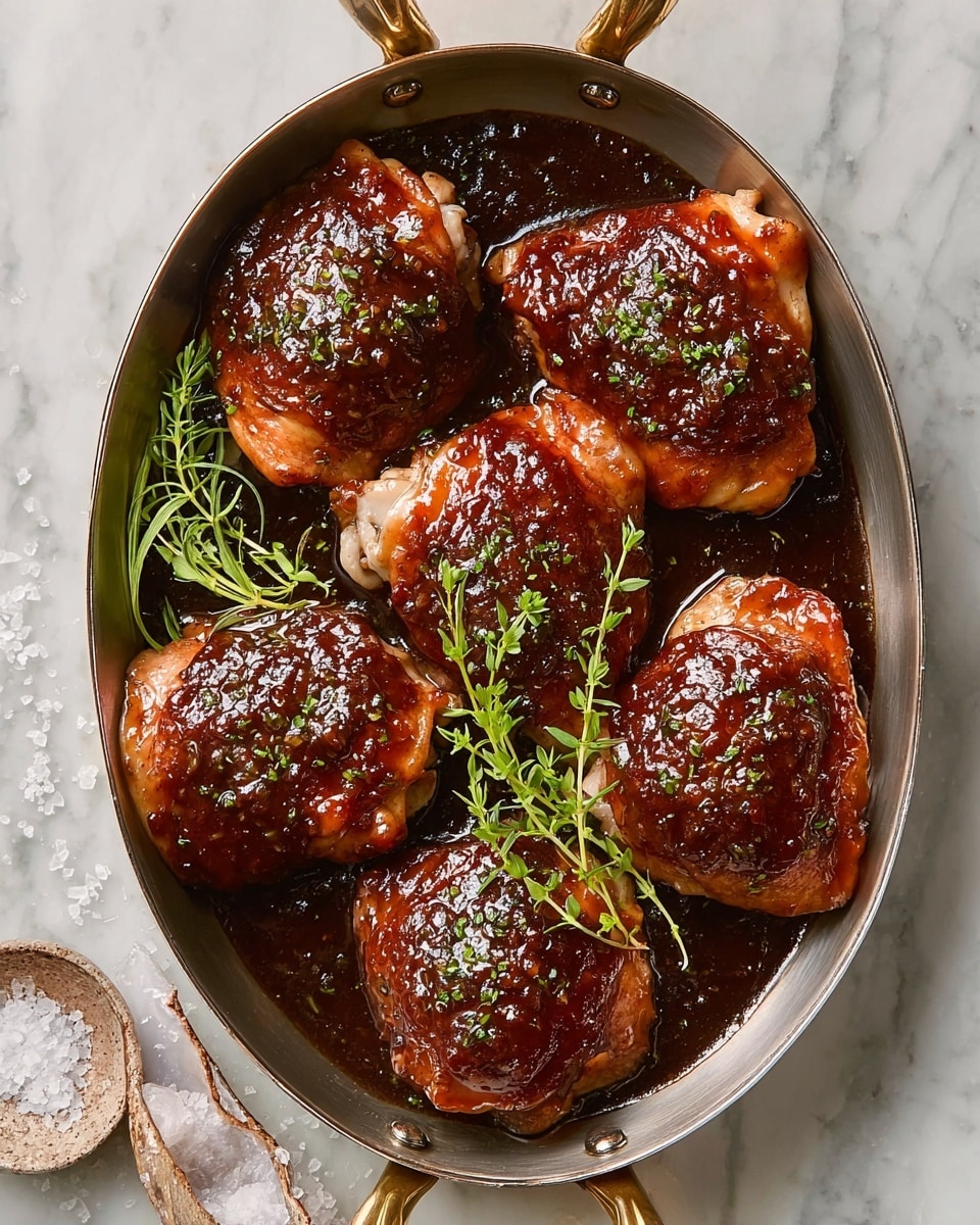 A metal oval pan with golden handles holds six pale pink chicken thighs, each topped with a thick, dark brown glossy sauce that looks rich and sticky. The chicken pieces are arranged close to each other, filling the pan. Two green sprigs of fresh herbs lay diagonally across the chicken, adding a touch of freshness. The pan sits on a white marbled surface sprinkled lightly with coarse white salt. Photo taken with an iphone --ar 4:5 --v 7
