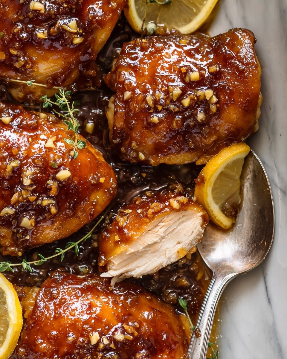 A close-up view of a dish featuring four pieces of cooked chicken thighs with a shiny brown glaze, arranged side by side on a white marbled surface. The top layer is a sticky dark brown sauce with visible small bits of crushed nuts and coarse salt sprinkled on top. Two lemon slices with pale yellow skin and translucent inner flesh are placed near the chicken, along with a small sprig of fresh thyme with green leaves. A silver spoon rests underneath the sliced chicken pieces on the right side, showing tender, light beige meat inside. Photo taken with an iphone --ar 4:5 --v 7