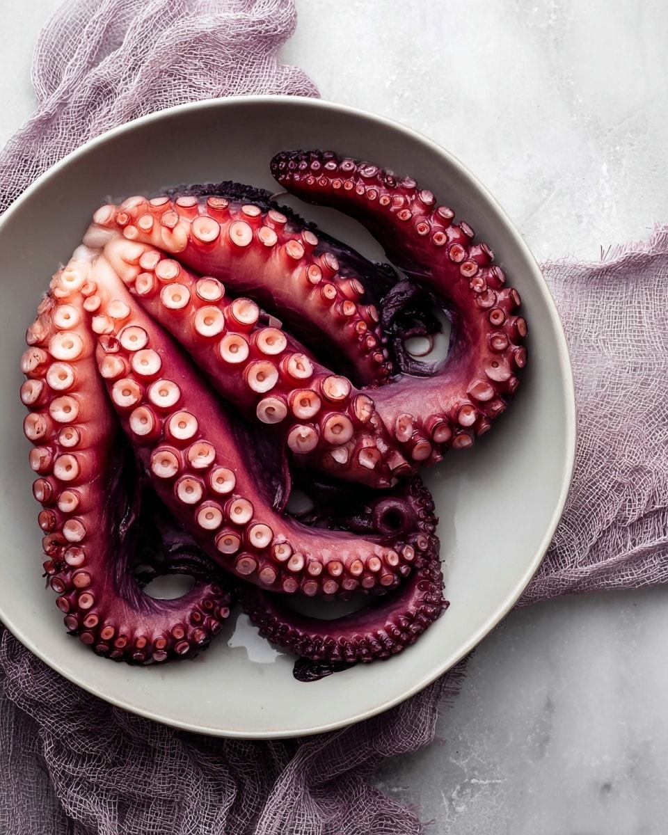 A dish featuring three large, curled octopus tentacles with a rich reddish-purple color and smooth texture, arranged neatly in a white bowl. The tentacles show many round suckers in various sizes covering their length, with the thicker part of the tentacles lighter and pinker compared to the darker purple tips. The bowl sits on a white marbled surface next to a textured light purple cloth. Photo taken with an iphone --ar 4:5 --v 7