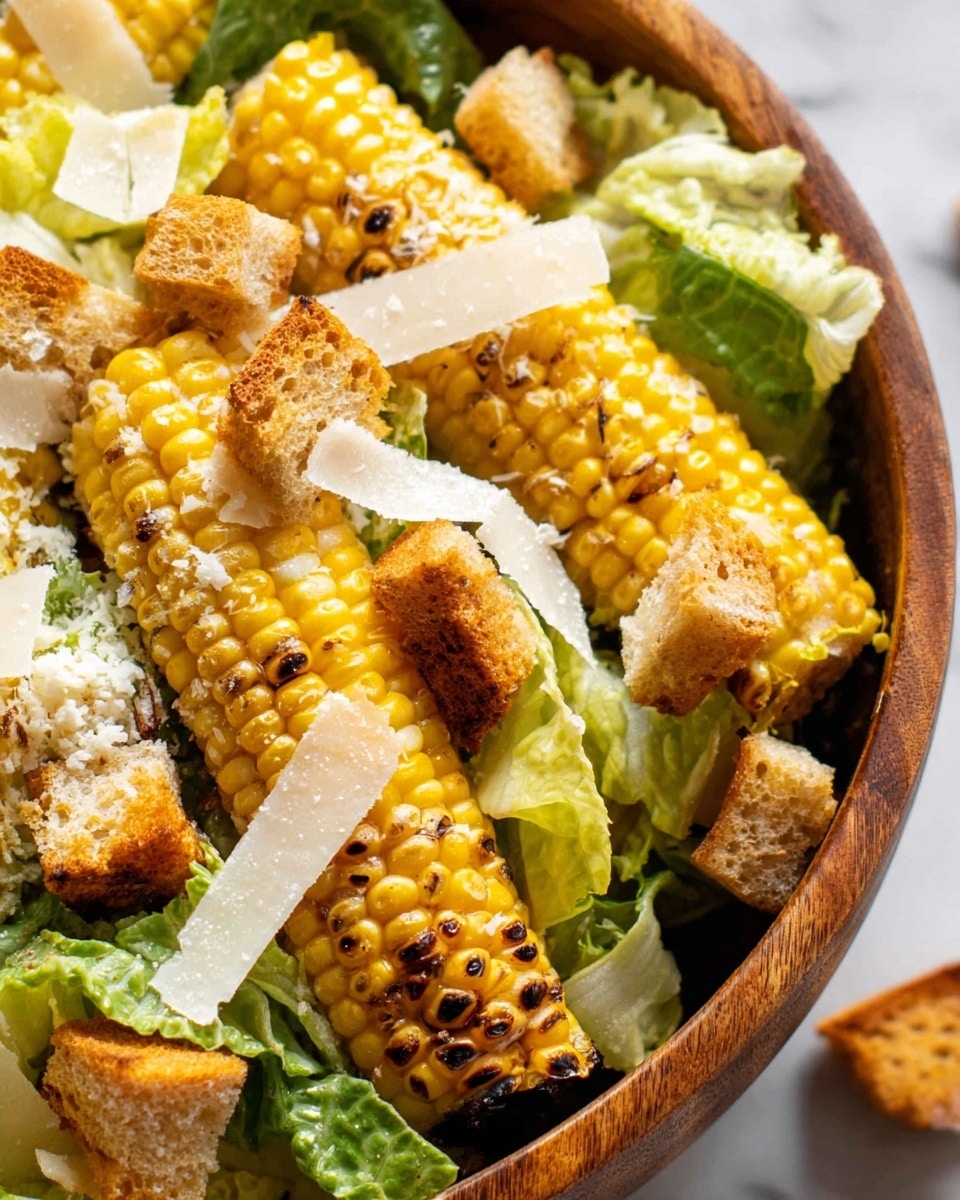 The image shows a close-up of a salad in a wooden bowl on a white marbled surface. The salad has three main layers: the bottom layer with grilled corn on the cob, showing yellow kernels with brown grill marks; the middle layer includes fresh green lettuce leaves scattered around the corn; the top layer is made of light brown croutons and thin white slices of cheese placed on the lettuce and corn. The textures range from the smooth, soft lettuce to the rough, toasted croutons and the firm, shiny corn kernels. Photo taken with an iphone --ar 4:5 --v 7