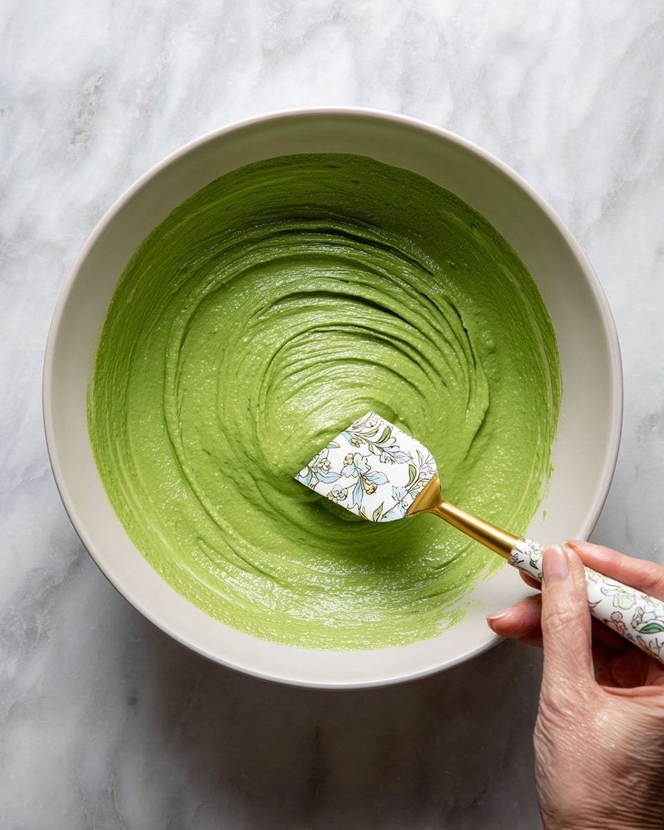 A white bowl sits on a white marbled surface, filled with a thick, smooth green mixture that has a creamy texture. A gold and white spatula with floral designs is partially dipped into the mixture, with the green spread around the inside edge of the bowl creating a swirl pattern. A woman's hand holds the spatula at the bottom right of the image, with the mixture's bright green color contrasting against the neutral tones of the bowl and surface. Photo taken with an iphone --ar 4:5 --v 7