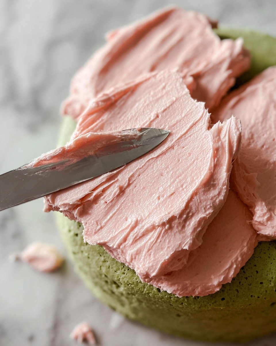 A close-up view of a green cake with a smooth, soft texture and a few small air holes. On top of the cake, there are several thick, creamy layers of light pink frosting being spread with a silver knife. The green cake forms the base layer, and the pink frosting is thickly applied in uneven patches. The background is a white marbled surface. Photo taken with an iphone --ar 4:5 --v 7