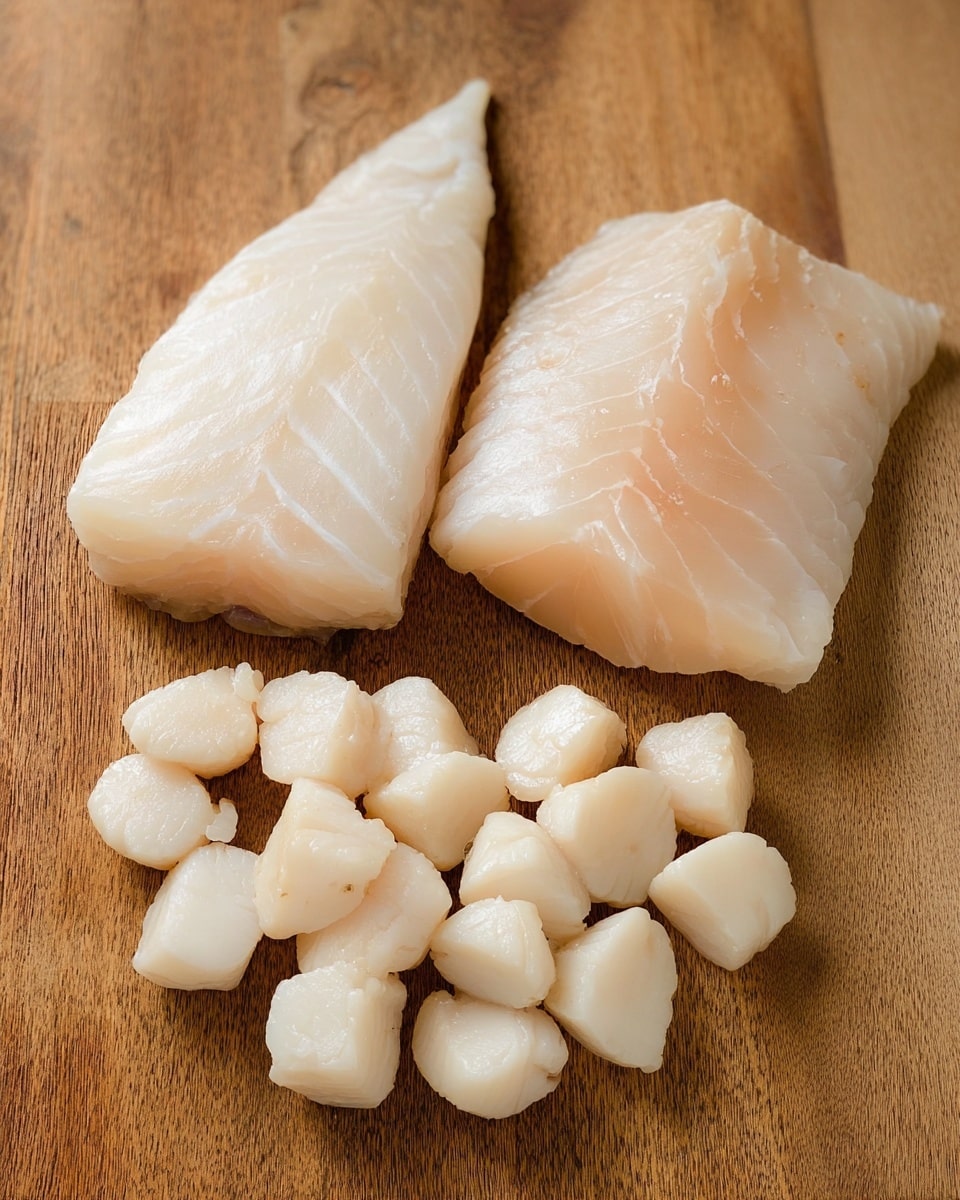 The image shows two large pieces of raw white fish fillets placed side by side horizontally near the top of the image, with a group of smaller, pale white scallops scattered loosely below them. The fish fillets have a smooth, slightly shiny texture with soft curves and subtle lines running through them, while the scallops are rounded and plump with a soft, almost translucent look. Everything is arranged on a wooden surface with a natural grain visible, creating a warm contrast to the pale seafood. photo taken with an iphone --ar 4:5 --v 7