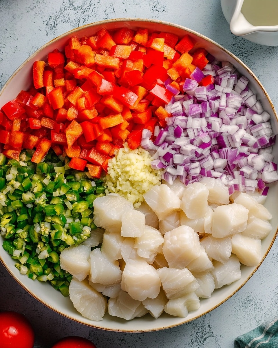 A large white bowl filled with six sections of chopped ingredients arranged side by side. The top left section has bright red diced bell peppers with a shiny texture. Just below them is a pile of finely chopped purple onions, showing a slightly moist texture. Below the onions are small green diced jalapeños. The center has a small mound of very finely chopped garlic with a pale yellow color. The right half of the bowl is filled with small, white, smooth scallops and firm white fish pieces mixed together, creating a soft layered look. The bowl rests on a white marbled surface with some tomatoes and a white pitcher visible at the edges. Photo taken with an iphone --ar 4:5 --v 7