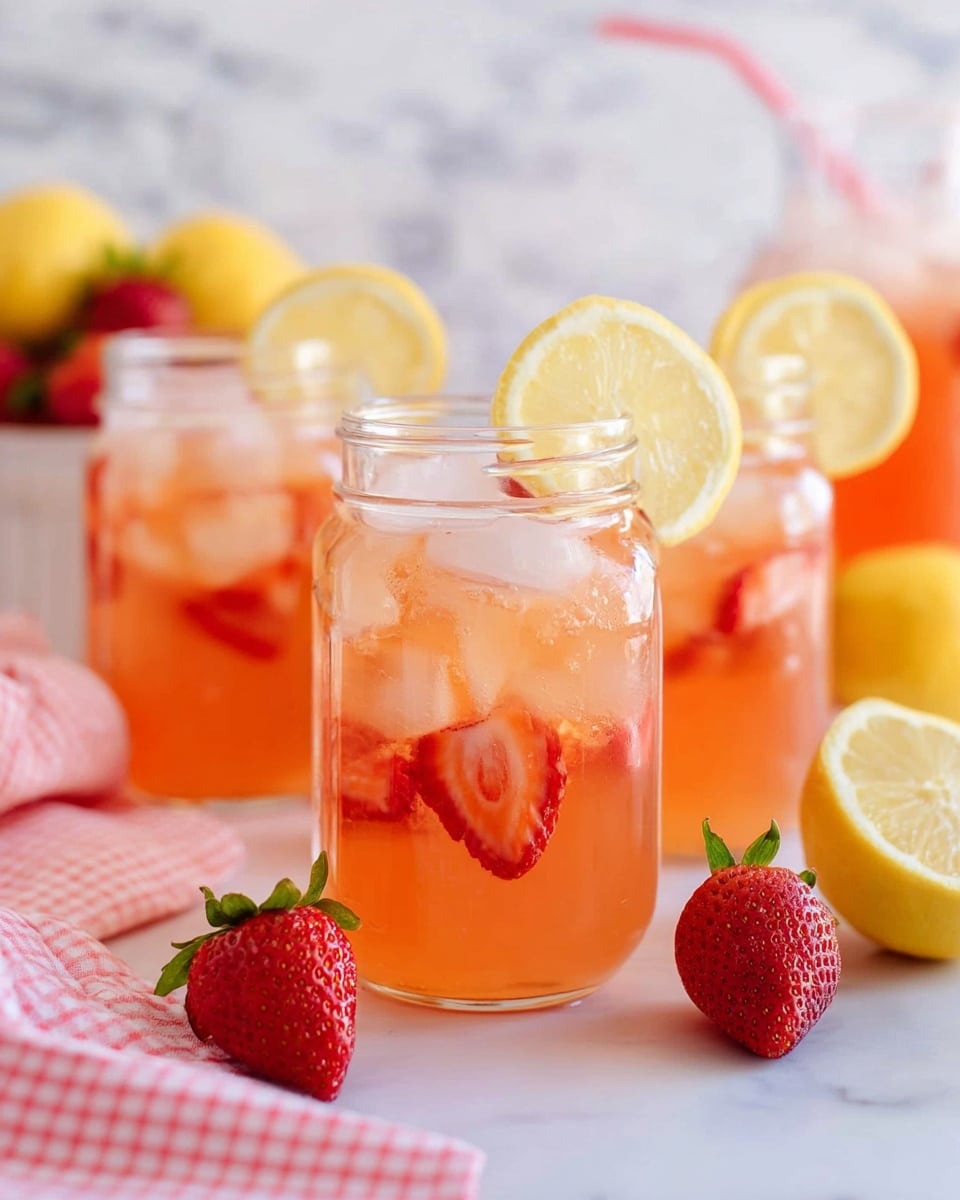 The image shows four clear mason jar glasses filled with light orange pink drink, each with ice cubes inside. Each jar has a thin round lemon slice on the rim, and inside the drink, there are slices of red strawberry. In front of the jars, there are two fresh whole strawberries and one lemon cut in half, all placed on a white marbled surface next to a pink and white checkered cloth on the left. The background is bright and softly blurred with a white marbled texture. photo taken with an iphone --ar 4:5 --v 7