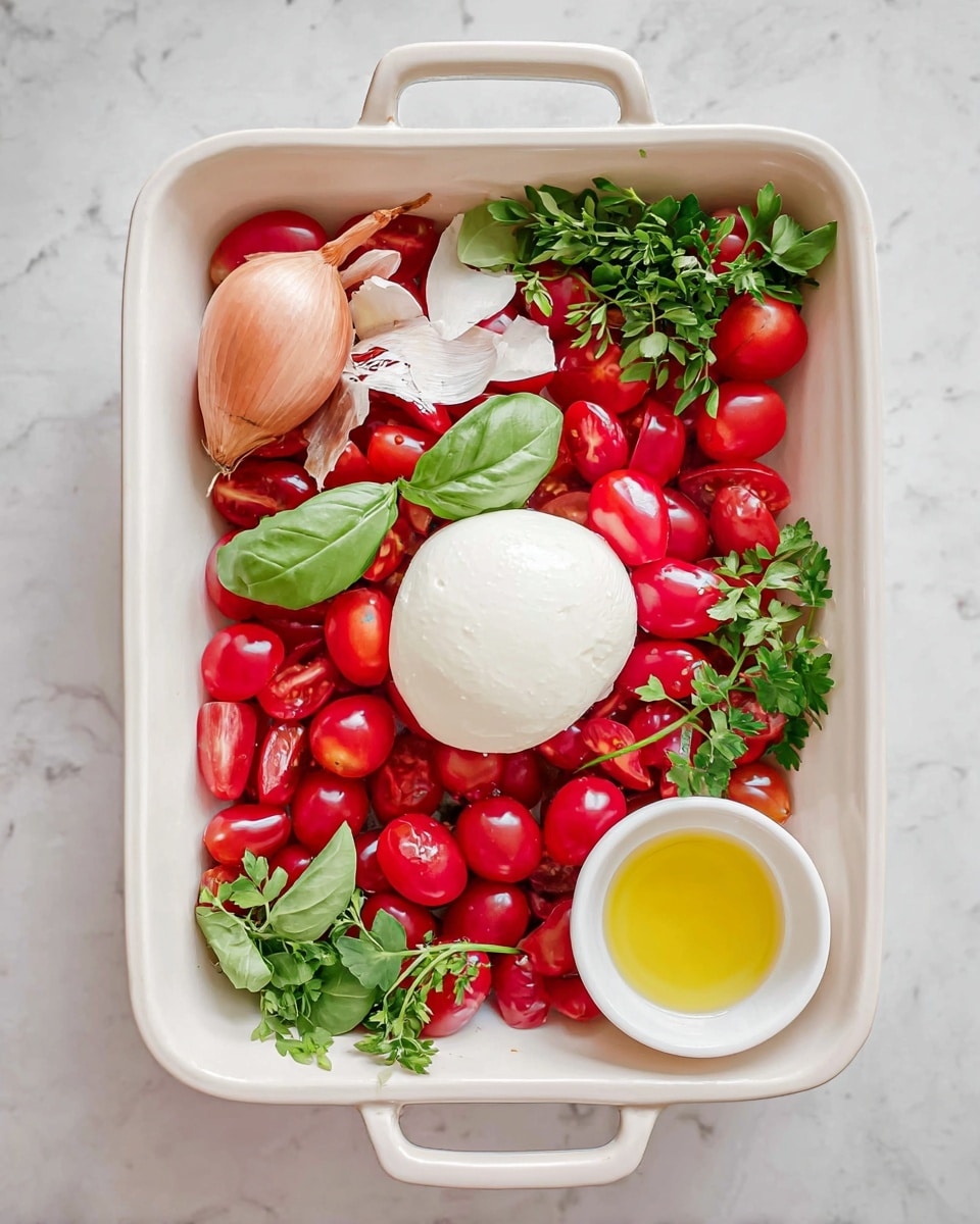 A white rectangular dish with two handles is filled with multiple layers of food. The bottom layer is made up of many small, shiny, oblong red tomatoes spread evenly across the dish. At the center sits a round, smooth white ball of cheese. Around the cheese are fresh green basil leaves and green parsley sprigs, adding bright color contrast. On the top left of the cheese, there is a whole shallot with light pinkish-brown skin and a peeled half bulb of garlic with white cloves visible. At the bottom right corner, a small white bowl holds a light golden liquid, likely oil. All items sit on a white marbled surface. Photo taken with an iphone --ar 4:5 --v 7