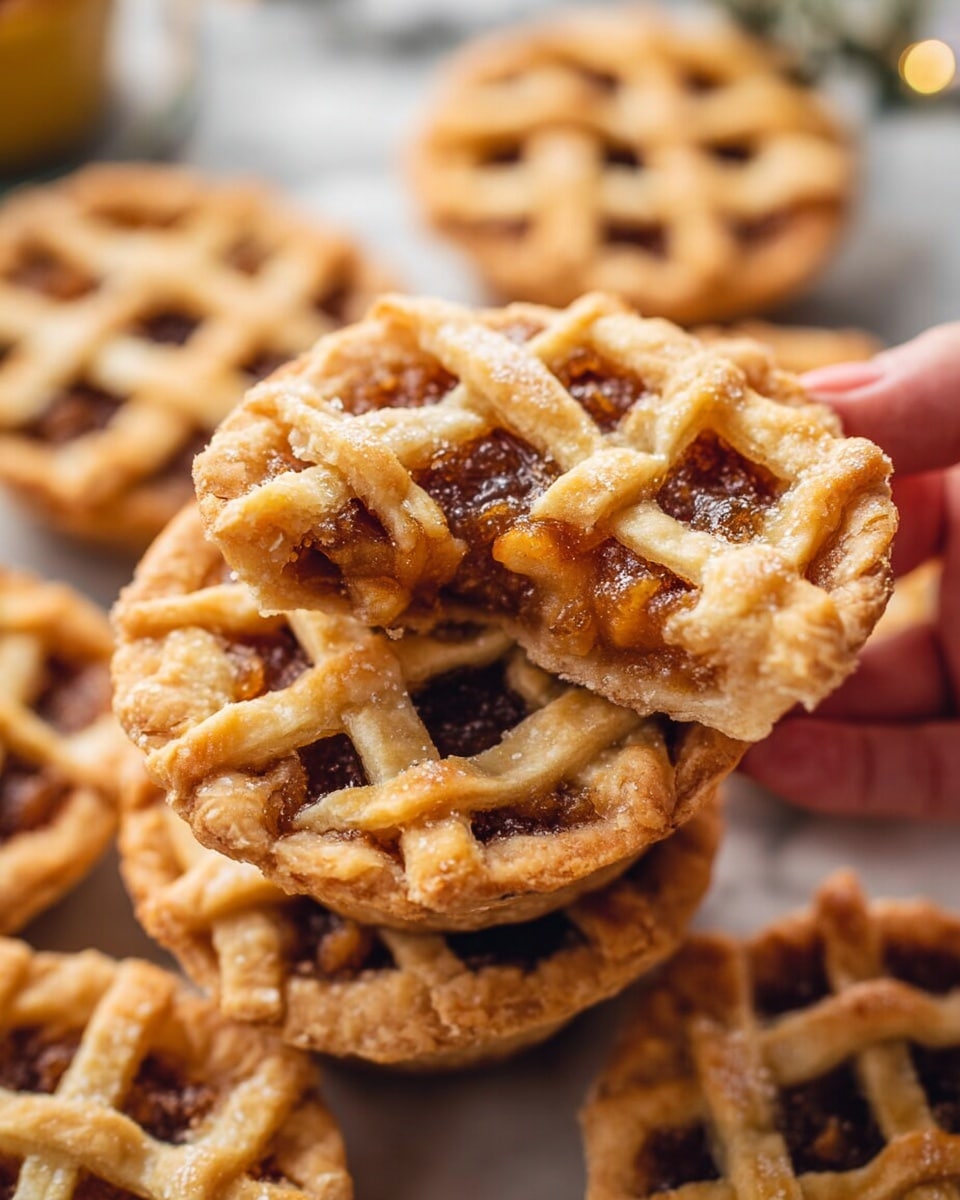 The image shows several small round pies with a golden-brown lattice crust on top that reveals a mix of dark brown and orange filling beneath. One pie is broken in half and held by a woman's hand, exposing a thick, sticky filling inside, with a crumbly but firm crust that looks slightly flaky. The pies are stacked closely together on a white marbled surface, and the entire scene looks warm and inviting, with light sparkling on the sugary topping. photo taken with an iphone --ar 4:5 --v 7
