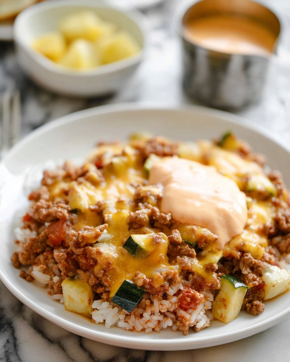 A white plate holds one layer of a mixed dish featuring cooked ground meat with reddish and brown tones, mixed with white rice that has a soft texture, and small cubed pieces of green and white vegetables, likely zucchini. Melted yellow cheese is scattered through the dish, adding a smooth, rich layer. On top, a light orange dollop of sauce or cream contrasts with the other ingredients, sitting in the center. In the blurred background, there is a white bowl with a similar light orange sauce and a small metal cup with chunks of yellowish fruit or vegetable. The dish is set on a white marbled surface. Photo taken with an iphone --ar 4:5 --v 7