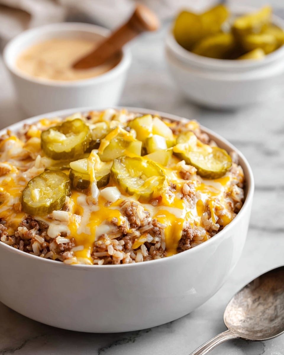 A white bowl is filled with a layered dish showing a base of soft rice mixed with small brown meat pieces, topped by melted yellow and white cheese that is slightly stringy and covers the surface unevenly. On top of the cheese, there are small chunks of light green pickles scattered across, adding a fresh texture. The bowl is placed on a white marbled surface with blurred white bowls in the background containing more pickle slices and a creamy beige sauce with a wooden pestle inside. A vintage silver spoon rests beside the bowl. photo taken with an iphone --ar 4:5 --v 7