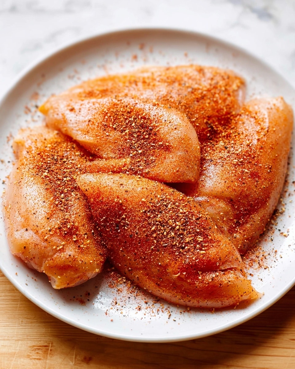 The image shows a white plate holding four pieces of raw chicken with a reddish-brown spice mix sprinkled all over. The chicken pieces are smooth with a slightly shiny surface, and the spice mix adds a coarse texture with fine specks of red, black, and tan colors evenly coating each piece. The plate is placed on a white marbled surface, making the spice color stand out clearly. photo taken with an iphone --ar 4:5 --v 7