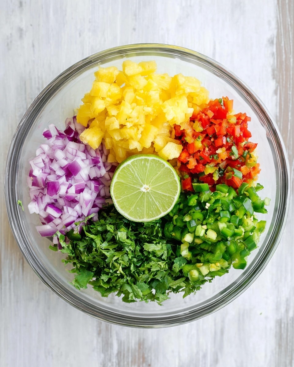 A clear glass bowl shows five sections of fresh, chopped ingredients arranged in a circle with a halved green lime in the center. Starting from the top right going clockwise, the layers include finely chopped yellow pineapple, small pieces of purple-red onion, chopped fresh green cilantro, bright red diced bell pepper, and chopped green jalapeño pepper. The bowl is placed on a white marbled surface, giving a fresh and clean look. photo taken with an iphone --ar 4:5 --v 7