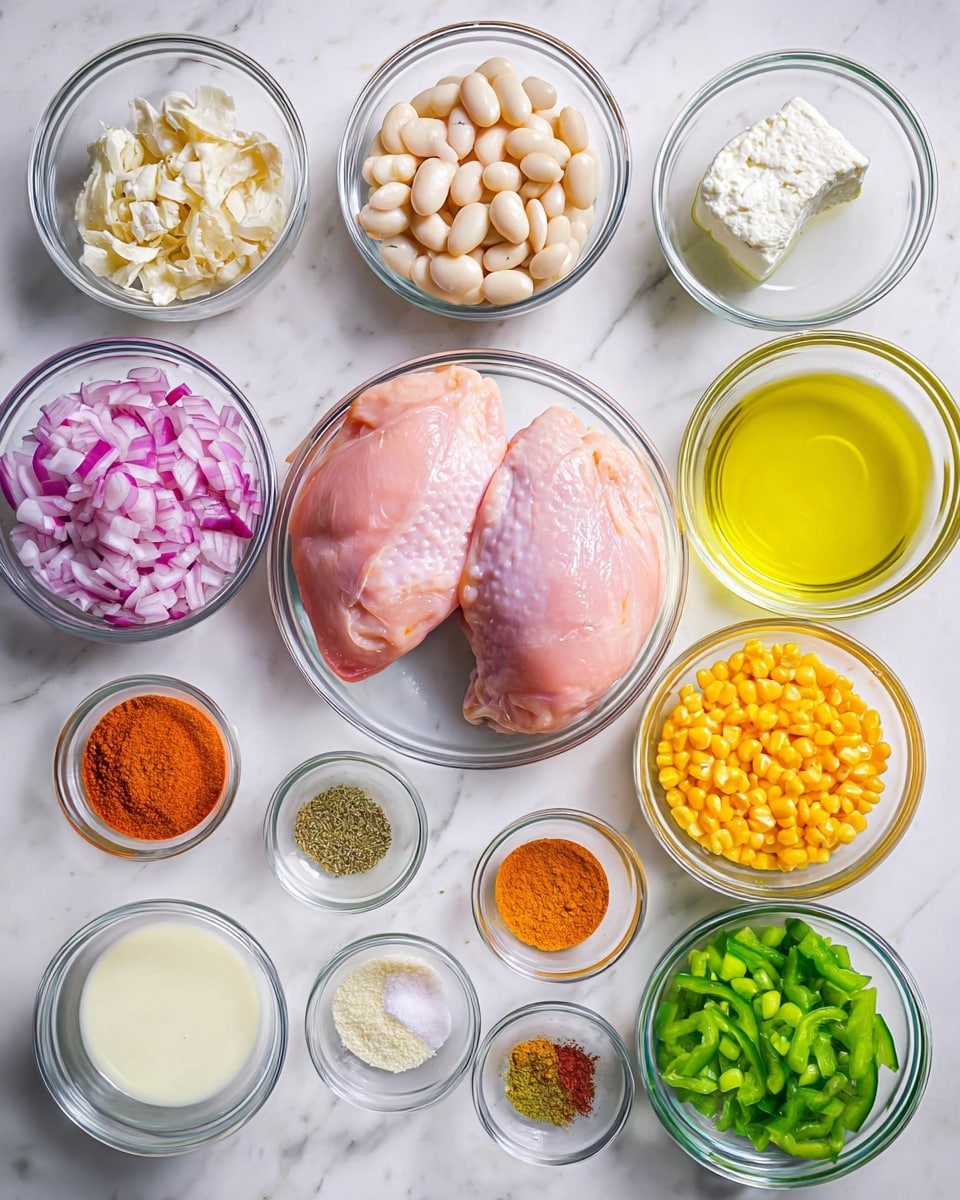 The image shows several clear glass bowls arranged neatly on a white marbled surface, each filled with different cooking ingredients. In the center, there is one bowl holding two raw pink chicken pieces, one bowl with white beans soaked in light yellow liquid, and one bowl with bright yellow corn kernels. Around these central bowls, there are smaller bowls containing chopped purple onions, sliced green peppers, orange and brown powdered spices, minced garlic, black pepper, salt, olive oil with a yellow tint, creamy white sour cream, and a white soft cheese. The bowls are arranged symmetrically, and the colors range from soft pink and white to bright greens and yellows. Photo taken with an iphone --ar 4:5 --v 7