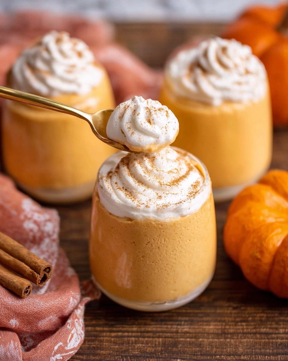 Three clear glasses filled with a thick, creamy orange mousse sit on a dark wooden table with a small orange pumpkin on the right. Each glass has a smooth mousse layer in light orange, topped with a swirl of white whipped cream sprinkled with cinnamon. A gold spoon lifts a scoop of the mousse and whipped cream from the front glass. In the bottom left corner, part of a pink and white cloth and a cinnamon stick can be seen. The photo has a white marbled texture surface --ar 4:5 --v 7