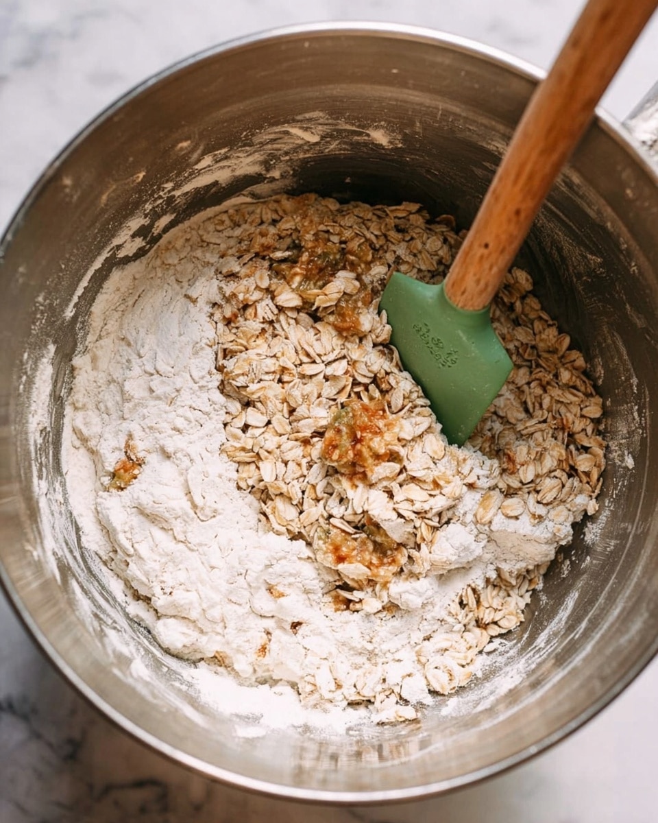 Inside a large silver mixing bowl, there are three main layers: a white flour layer around the edges, a middle layer of light brown oats giving a rough texture, and small patches of sticky light brown dough visible under the oats. A green rubber spatula with a wooden handle is partly embedded in the mixture, showing some dough stuck to it. The bowl is resting on a white marbled surface. photo taken with an iphone --ar 4:5 --v 7