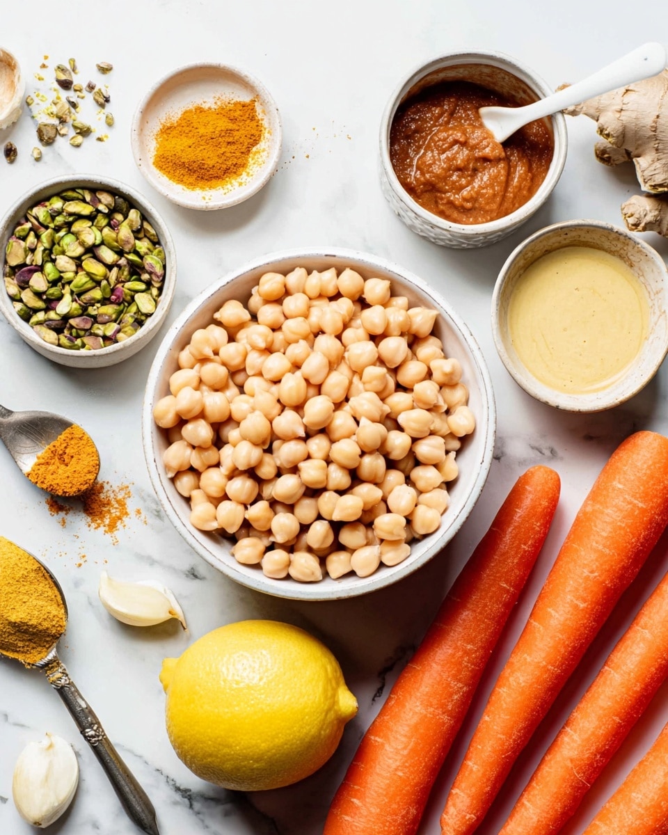 A white bowl full of light beige chickpeas is placed near the center on a white marbled surface. To the right side, there are five large bright orange carrots lying flat. Above the chickpeas, a small white bowl holds dark reddish thick paste with a white spoon resting inside. A halved lemon with bright yellow color is positioned below the chickpeas. Around the main items, there are smaller white bowls containing green pistachios, yellowish tahini sauce, yellow curry powder on a silver spoon, and a peeled garlic clove. The overall scene shows fresh ingredients neatly arranged on a clean white marbled background, photo taken with an iphone --ar 4:5 --v 7