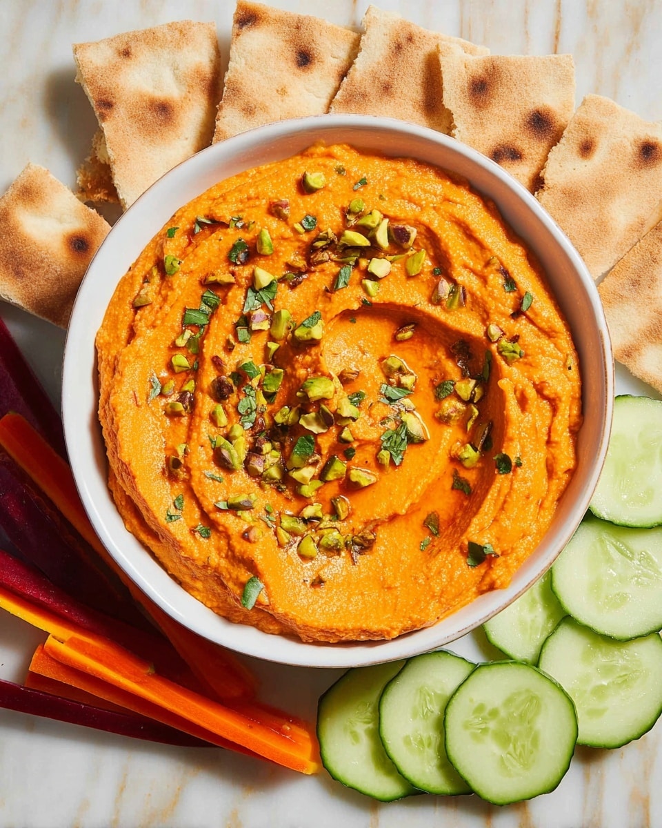 A white bowl filled with one thick layer of smooth, orange-red hummus topped with chopped green pistachios and small pieces of green herbs. The hummus surface has soft swirls and a light shine. Around the bowl, arranged in a semicircle, are five pieces of light tan pita bread with slightly toasted spots. Below the bowl are two rainbow carrot sticks showing orange, purple, and yellow colors on a white marbled surface. At the bottom right, there is a row of thinly sliced round cucumber pieces with dark green edges and light green centers. photo taken with an iphone --ar 4:5 --v 7