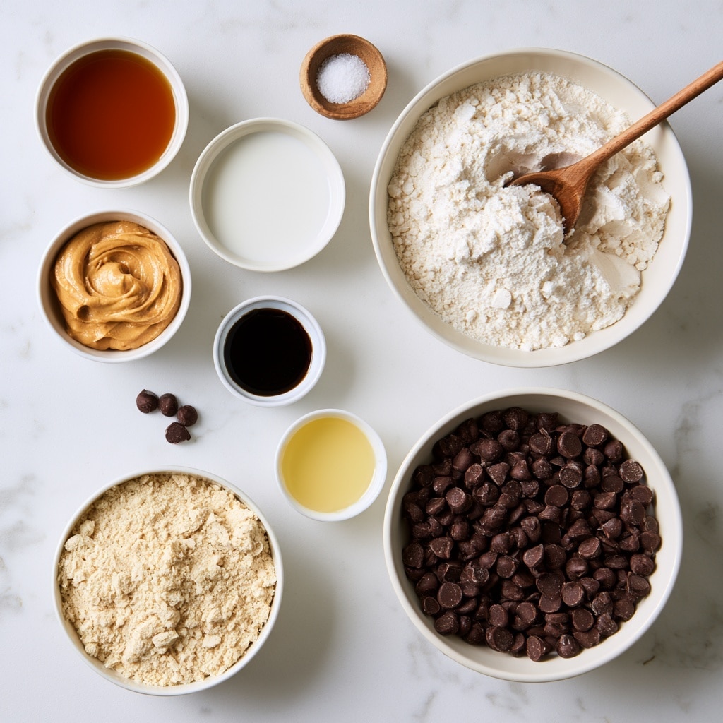 A flat lay of small white bowls and a large white bowl arranged on a white marbled surface showing various baking ingredients. The large white bowl on the top right holds white, powdery protein powder with a wooden spoon resting on it. Below it is a medium white bowl filled with dark brown semi-sweet chocolate chips. To the left of the bowl of protein powder is a small white bowl with smooth, light brown cashew butter. Above it are two white bowls, one with amber maple syrup and the other with white milk. Near the center left is a small white bowl containing dark vanilla extract, with a few mini chocolate chips scattered nearby. Below this is a larger white bowl filled with pale almond flour, and to its right is a small white bowl containing light yellow coconut oil. A tiny wooden bowl with white salt is placed near the top center. Each ingredient is clearly visible and neatly placed, all on a clean white marbled surface photo taken with an iphone --ar 4:5 --v 7