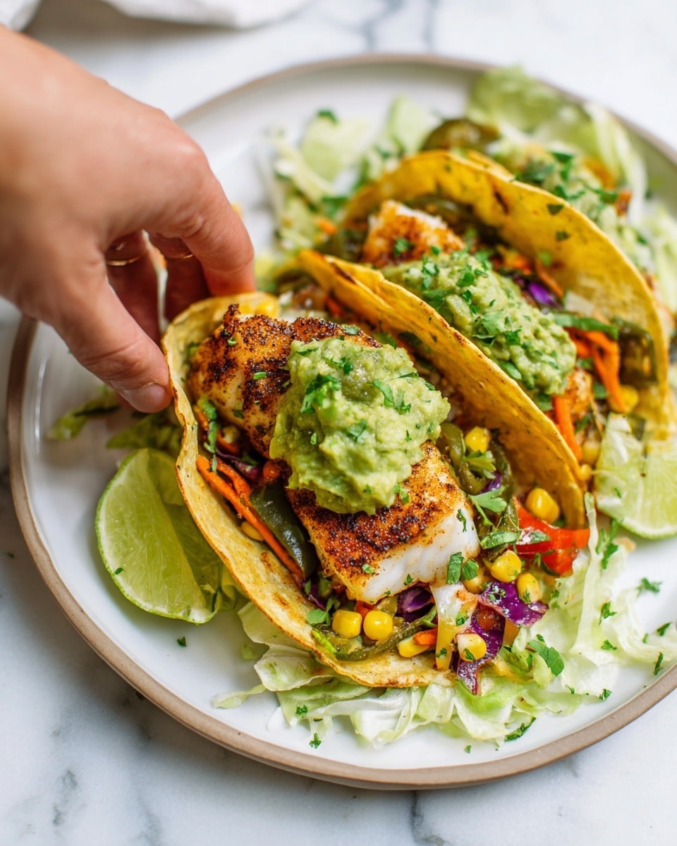 A white plate with shredded lettuce spread around the edges holds two soft yellow corn tortillas filled with several colorful layers. The first layer inside the tortillas includes sautéed bright orange carrots, light yellow corn, green jalapeño slices, and purple-red onions. On top of the sautéed vegetables is a thick, white piece of grilled fish with a light brown spice coating and green herb sprinkles. Bright green guacamole is generously spread above the fish. Lime wedges sit on the lettuce on the plate’s edge. A woman's hand is gently picking up one of the tacos. The plate is placed on a white marbled surface. photo taken with an iphone --ar 4:5 --v 7