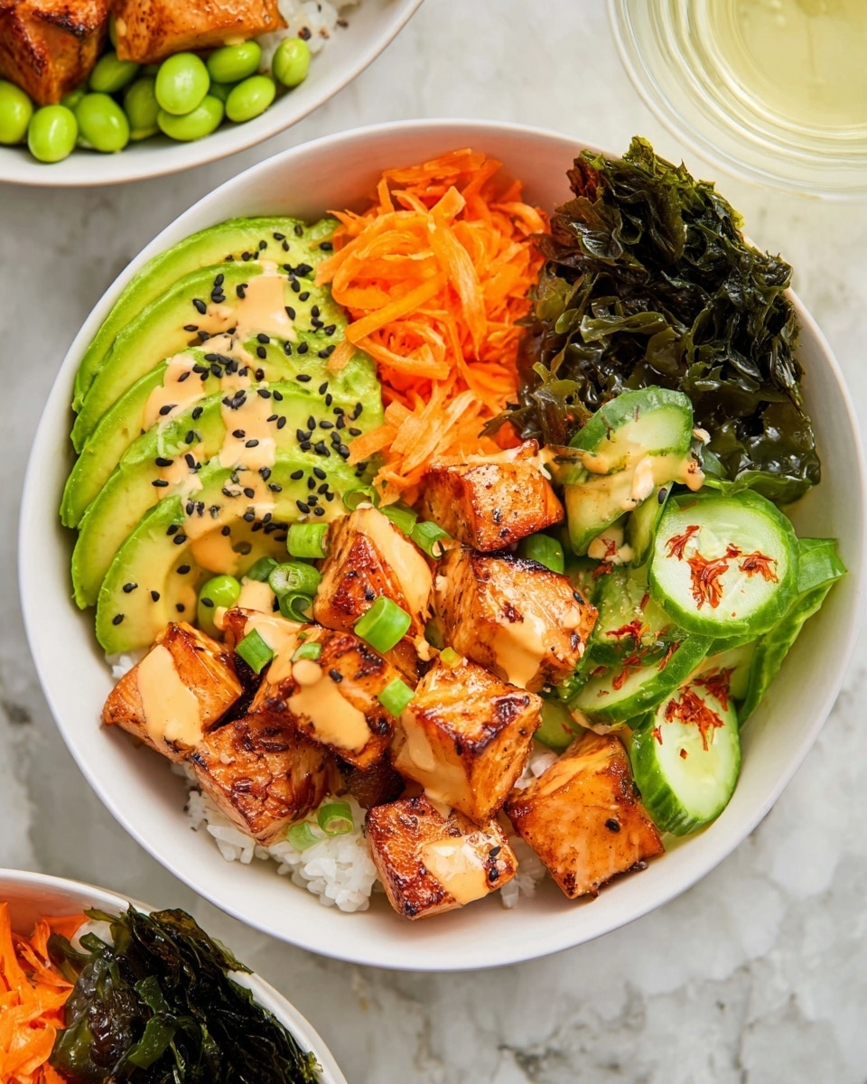 Two white bowls sit on a white marbled surface, each filled with layers of fresh, colorful ingredients. The base is white rice, topped on one side with bright orange shredded carrots, a fan of light green avocado slices, and green edamame beans. On the other side are thick, grilled pieces of salmon with a light brown charred texture, drizzled with a creamy orange sauce and sprinkled with black sesame seeds and chopped green onions. One bowl also has thin slices of cucumber with red seasoning, and a piece of dark green seaweed peeking out under the carrots. A glass of light yellow beverage is placed near the bowls. Photo taken with an iphone --ar 4:5 --v 7