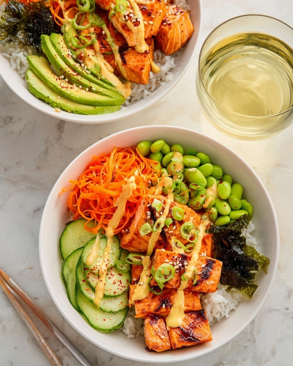 A white bowl on a white marbled surface holds a colorful poke bowl with five main layers arranged in sections: the bottom layer of white rice fills the bowl, topped with golden brown grilled salmon cubes drizzled with a light orange sauce and sprinkled with black sesame seeds and chopped green onions near the front. To the right are bright green edamame beans, next to thinly sliced cucumber rounds coated lightly with an orange sauce and red flakes. In the center, a small pile of shredded orange carrots adds texture, while slices of avocado fanned out in green gradients sit on the left side, sprinkled with black sesame seeds. Behind the carrot sits a piece of dark green seaweed. The picture shows only part of a second bowl and a glass with pale yellow liquid at the top right. Photo taken with an iphone --ar 4:5 --v 7