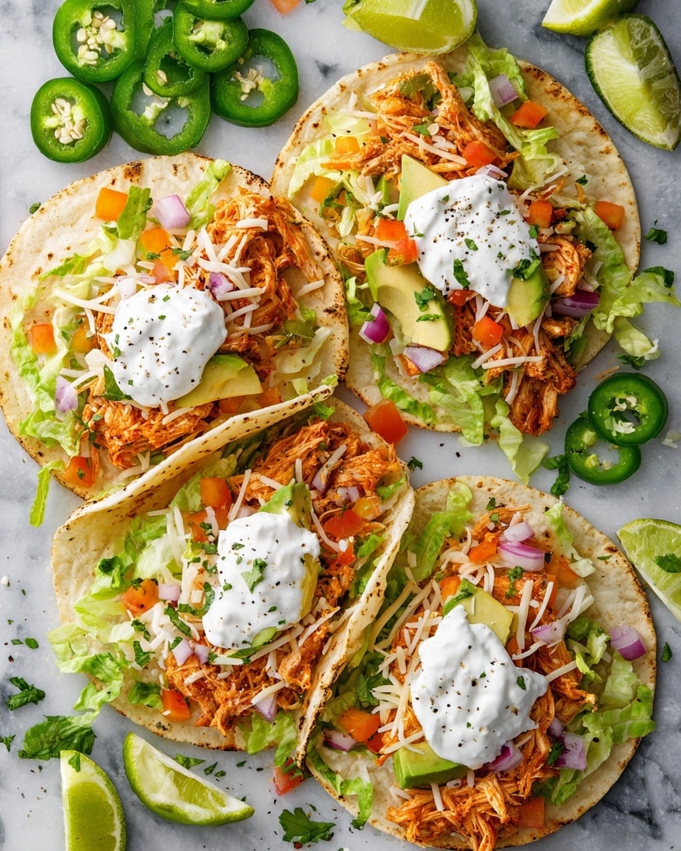 Three soft tortillas are laid on a white marbled surface, each filled with shredded orange-colored chicken on the bottom, followed by green lettuce and thin slices of light green avocado. On top of this are small pieces of diced yellow and orange tomatoes, chopped red onions, and shredded white cheese. Each tortilla has a dollop of white sour cream sprinkled with a bit of black pepper in the center. Around the tortillas, there are slices of green jalapeño peppers and lime wedges adding a fresh touch. photo taken with an iphone --ar 4:5 --v 7