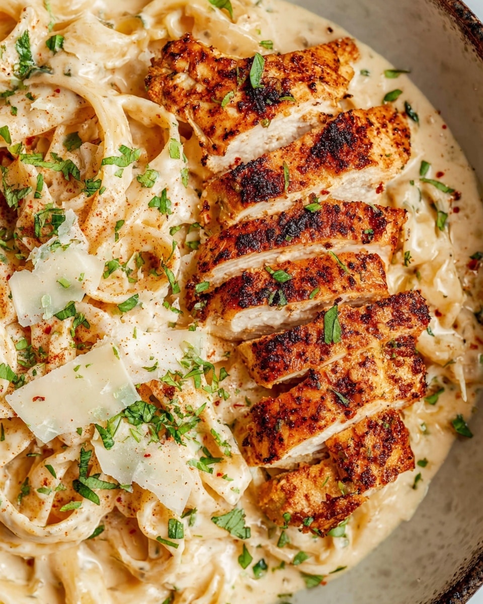The dish shows two main layers on a white marbled surface. The bottom layer is creamy pasta in a light beige sauce, dotted with flakes of white cheese and small bits of green herbs evenly spread, with a smooth texture. The top layer consists of grilled chicken slices with a golden-brown, slightly charred surface, some with visible spices, arranged neatly on one side of the pasta, and sprinkled with fresh green herbs. Photo taken with an iphone --ar 4:5 --v 7