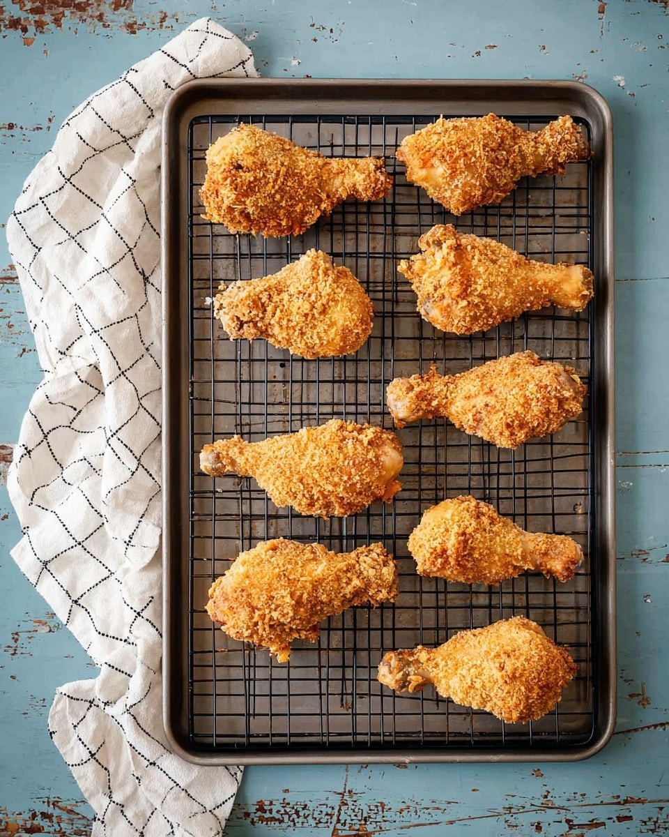 A metal baking tray with a black wire rack on top holds eight golden brown breaded drumsticks arranged in two neat columns of four each. The drumsticks have a crispy, textured coating that looks crunchy and evenly browned. To the left of the tray, a white cloth with a black grid pattern is casually folded, resting partly under the tray. The surface beneath everything has a worn blue finish with scattered marks, adding a rustic feel. photo taken with an iphone --ar 4:5 --v 7