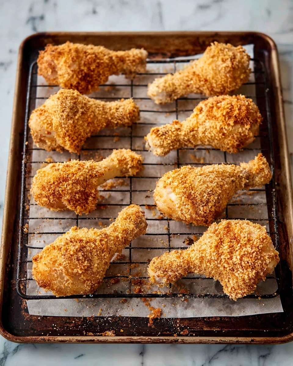 The image shows eight pieces of breaded chicken drumsticks arranged in two rows on a black wire rack, which sits on a baking sheet lined with parchment paper. Each drumstick is coated with a golden-brown, crispy textured bread crumb layer that looks crunchy. The baking sheet has a slightly worn, dark metallic look around its edges, and the background is a white marbled surface. photo taken with an iphone --ar 4:5 --v 7