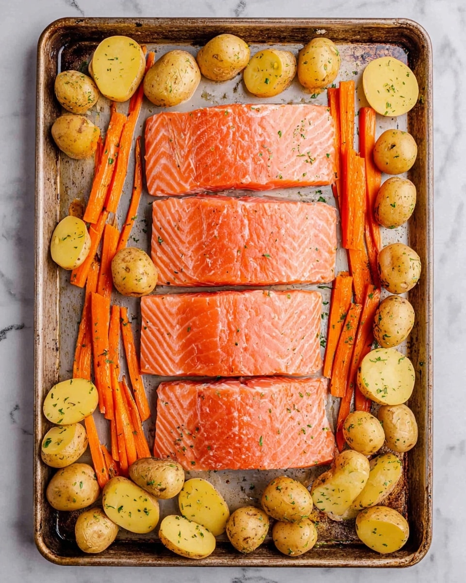 The image shows a baking tray with four large raw salmon fillets placed side by side in the middle. Around the fillets, there are whole small potatoes and potato halves, light yellow in color with specks of herbs on their skin. Among the potatoes, there are carrot sticks, bright orange, also sprinkled with herbs. The tray is metal with a slightly worn look, sitting on a white marbled surface. The overall arrangement looks ready for roasting, with the salmon's smooth pink flesh contrasting with the rough texture of the vegetables. photo taken with an iphone --ar 4:5 --v 7