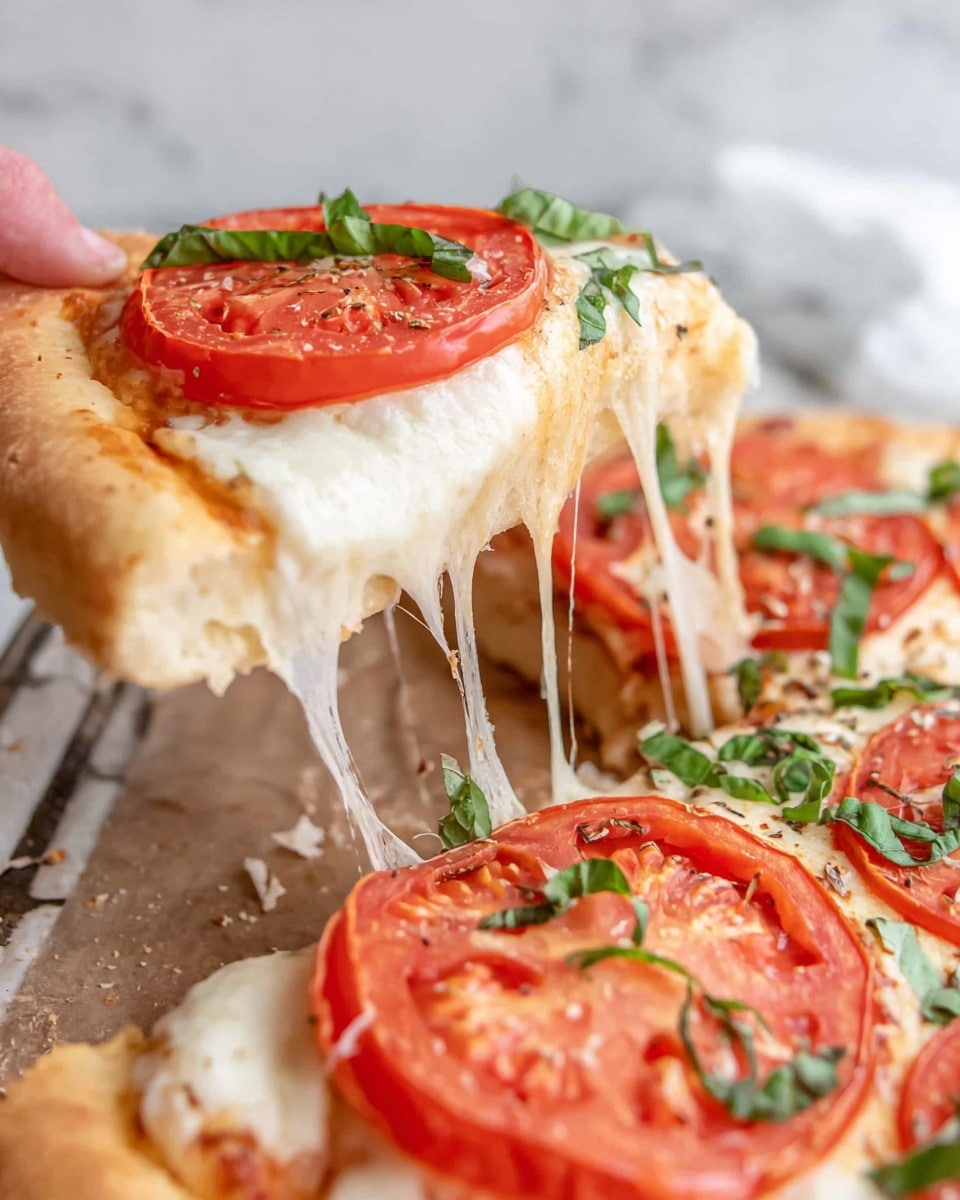 The image shows a close-up of a slice of pizza being lifted by a woman's hand. The pizza has two main layers: a thick, light golden crust base, and a top layer of melted white cheese that stretches in strings as the slice is pulled away. On top of the cheese, there are large, bright red tomato slices and scattered small green basil leaves. The pizza sits on a surface with a white marbled texture. Photo taken with an iphone --ar 4:5 --v 7