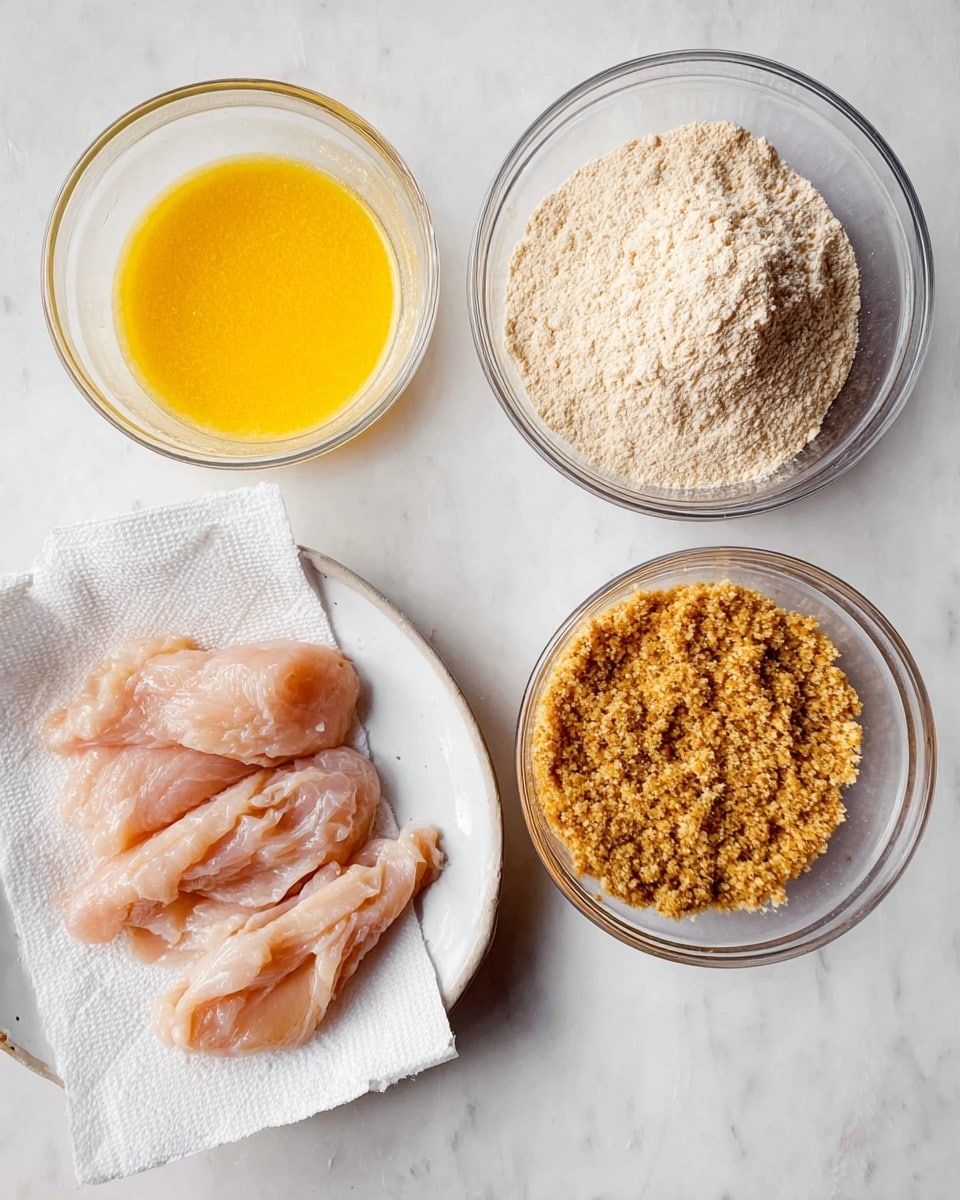 The image shows four main parts placed on a white marbled surface: in the top right is a clear glass bowl filled with light beige flour, below it is another clear glass bowl with a bright yellow beaten egg mixture, next to that is a clear glass bowl filled with rough, crunchy light brown crumbs, and on the left side is a white plate lined with paper towels holding several raw, pale pink chicken strips with a smooth and slightly shiny texture. Photo taken with an iphone --ar 4:5 --v 7