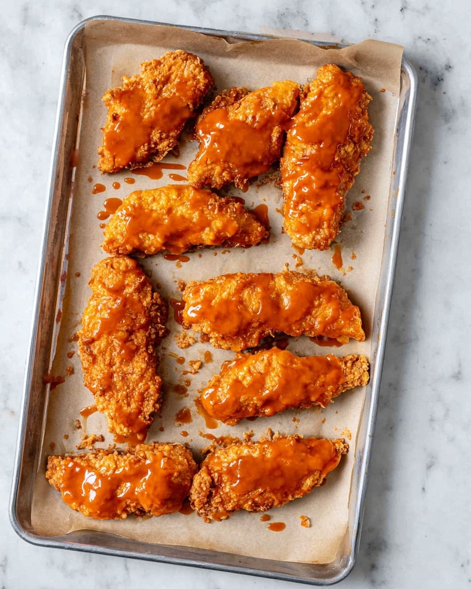 The image shows a metal baking tray with a sheet of parchment paper on top, placed on a white marbled surface. On the parchment paper, there are ten pieces of fried chicken tenders arranged in rows. Each chicken tender is covered with a bright orange sauce that looks thick and shiny, giving a wet texture on top of the crunchy fried surface. The fried coating under the sauce is golden brown and crispy, visible around the edges. A few small crumbs and drops of sauce are scattered on the parchment paper around the chicken pieces. Photo taken with an iphone --ar 4:5 --v 7