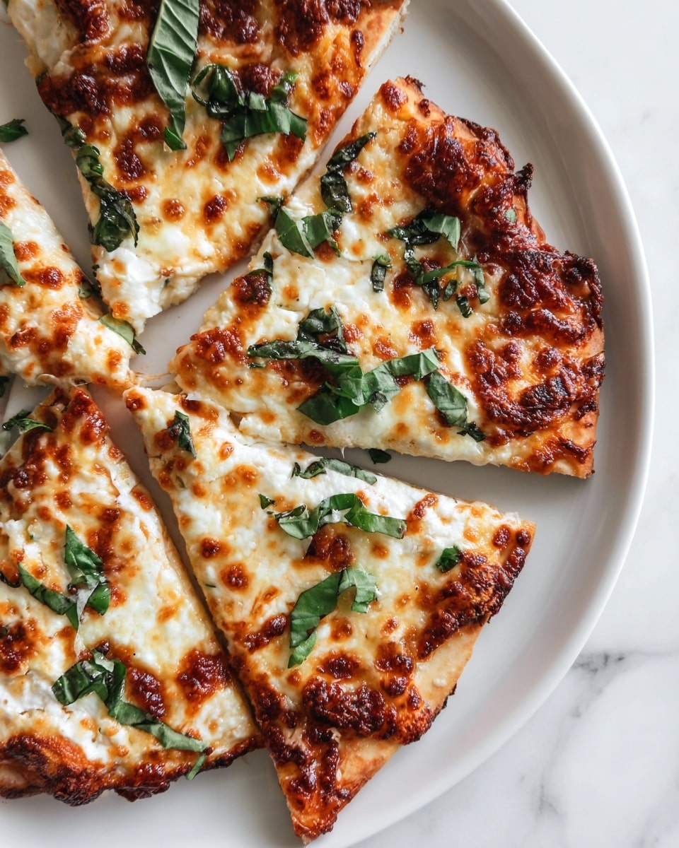 The image shows several slices of pizza on a white plate placed on a white marbled surface. The pizza has a thin crust with some charring on the edges, topped with melted cheese that is golden and bubbly with some browned spots. There are visible layers of white creamy cheese spread unevenly, a slightly reddish-brown sauce, and fresh green basil leaves scattered throughout. The texture of the toppings looks rich and slightly crisp on top, with the cheese melted into different layers. The photo is taken with an iphone --ar 4:5 --v 7