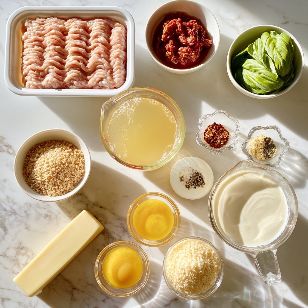 A white rectangular plastic container in the upper left holds raw ground chicken, shaped in neat, wavy rows forming a thick layer of pale pink meat. Above and slightly right, a small white bowl contains sundried tomatoes in a dark reddish oil, the tomatoes showing wrinkled textures. Below this, a small white bowl has several large bright green basil leaves stacked together with a smooth surface and slight veins. To the right center, a clear glass measuring cup holds a pale yellow liquid labeled chicken broth, its smooth transparency showing small bubbles. Below it, another clear measuring cup contains thick white heavy cream with a smooth, creamy texture. A group of small flower-shaped clear bowls holds various seasonings: red pepper flakes with a scattered sparse mix of red and yellow flakes, garlic powder in a pale yellow powder, and Italian seasoning showing mixed dried green herbs. A small round white bowl is filled with coarse salt and pepper, a mix of small white grains and dark specks. Below, a small white bowl holds light brown round panko breadcrumbs with a slightly rough texture. To the left bottom, a stick of pale yellow butter wrapped in paper is positioned diagonally on the white marbled surface. Next to it, a clear small bowl contains a yellow beaten egg with a smooth, shiny surface. Parmesan cheese, finely grated and pale creamy yellow, fills a small clear glass bowl with a soft, fluffy texture. The entire arrangement is set on a bright white marbled counter, evenly lit, with soft shadows under each container. Photo taken with an iphone --ar 4:5 --v 7