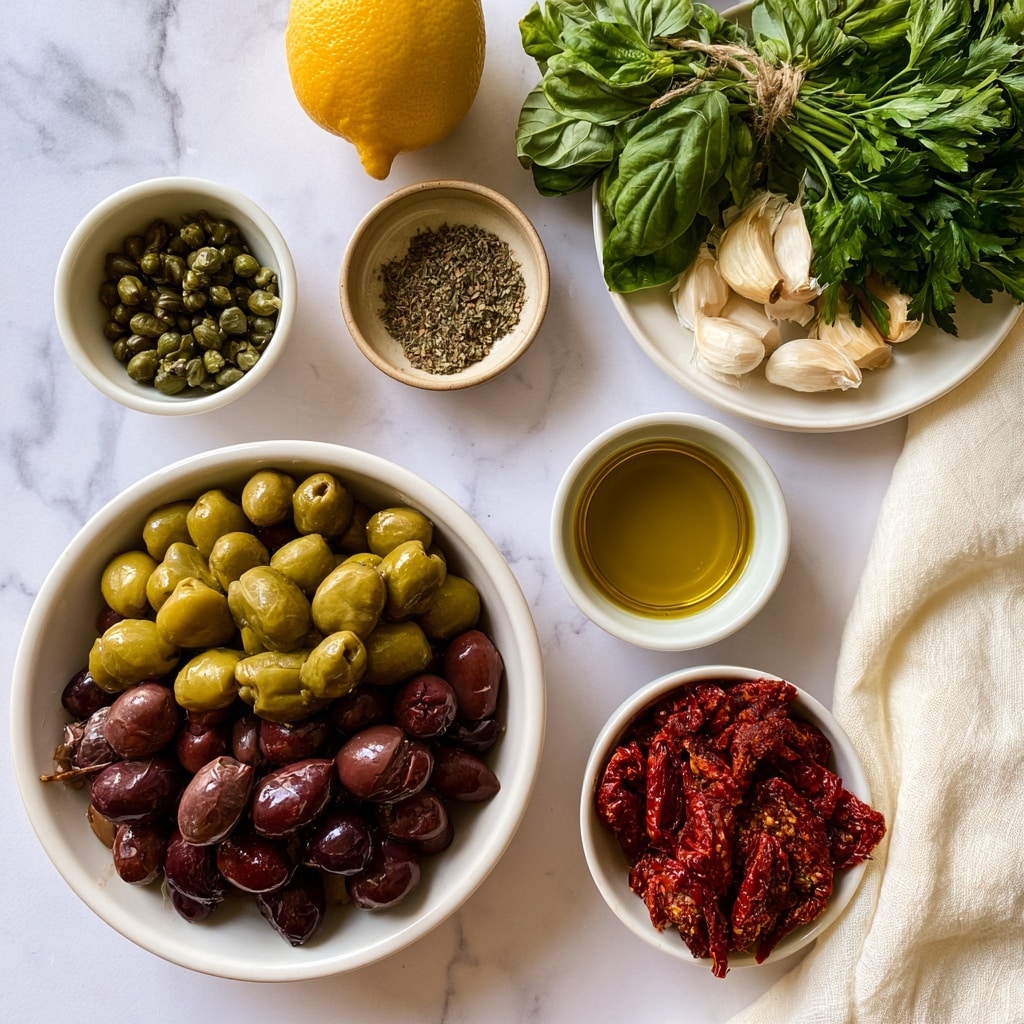 A white bowl filled with mixed olives in three layers: green olives on top, dark purple olives in the middle, and dark red olives at the bottom. A small white bowl with green capers sits above it on the left. Above center is a small empty beige bowl containing dried oregano. On the right side there is a white plate with garlic cloves and a bunch of fresh green basil and parsley tied with twine above it. Near the center right, a small white bowl holds golden olive oil while a small white bowl below it contains sun-dried tomatoes with deep red color and rough texture. A bright yellow lemon rests above the capers. The items are placed on a white marbled surface with a cream-colored cloth partially visible on the right side. photo taken with an iphone --ar 4:5 --v 7