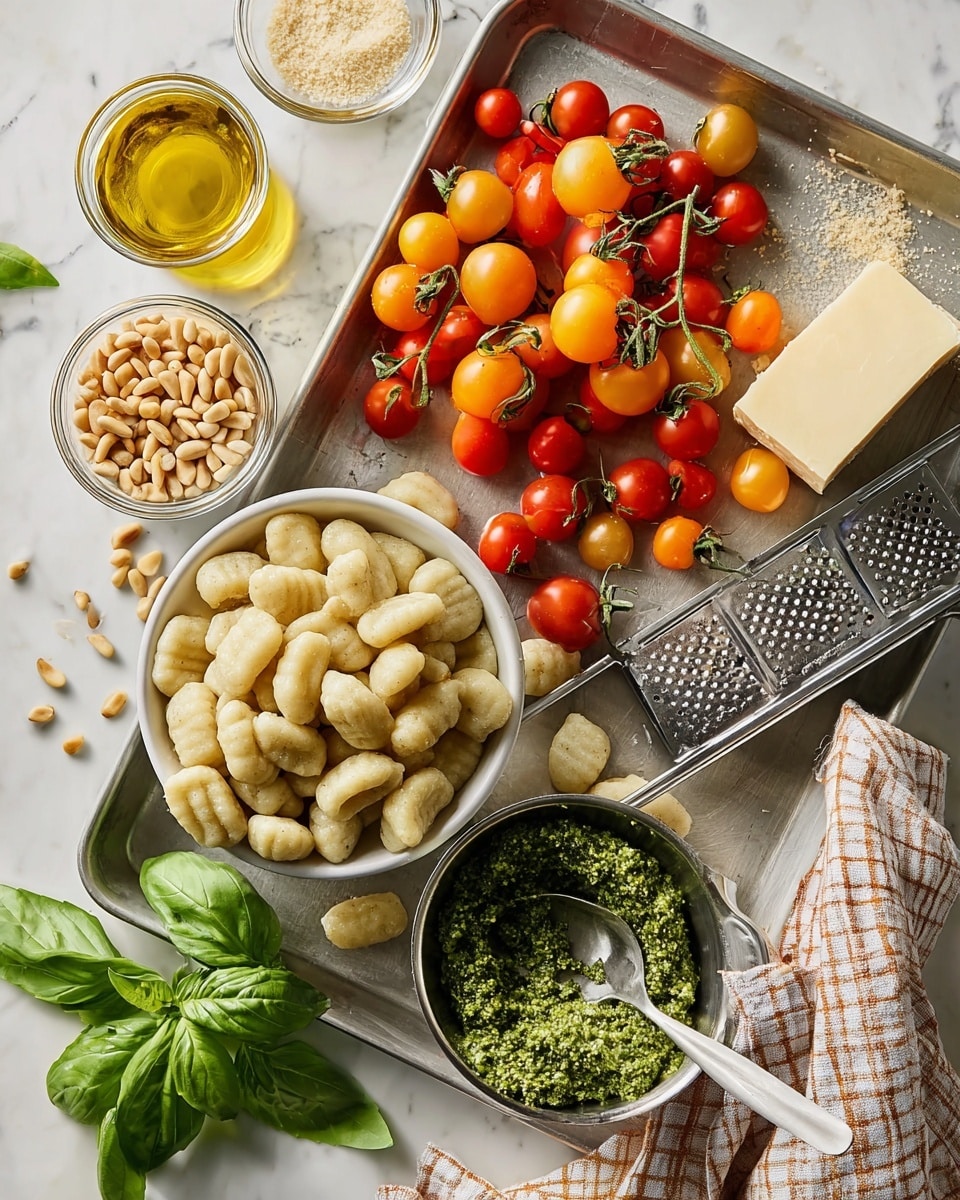 A white bowl filled with soft, pale beige gnocchi sits on a silver tray scattered with more gnocchi pieces. Near the bowl, there are colorful cherry tomatoes in red, orange, and yellow shades, some still on green stems, lying on the tray. A small clear glass bowl holds light brown pine nuts, next to a glass jar of golden olive oil. On the right side, a block of light yellow hard cheese rests on a metal grater with some freshly grated cheese scattered below it. Below the tray, on a white marbled surface, a stainless steel bowl contains fresh green pesto with a silver spoon inside, surrounded by a few bright green basil leaves and a beige checkered cloth draped nearby. Photo taken with an iphone --ar 4:5 --v 7