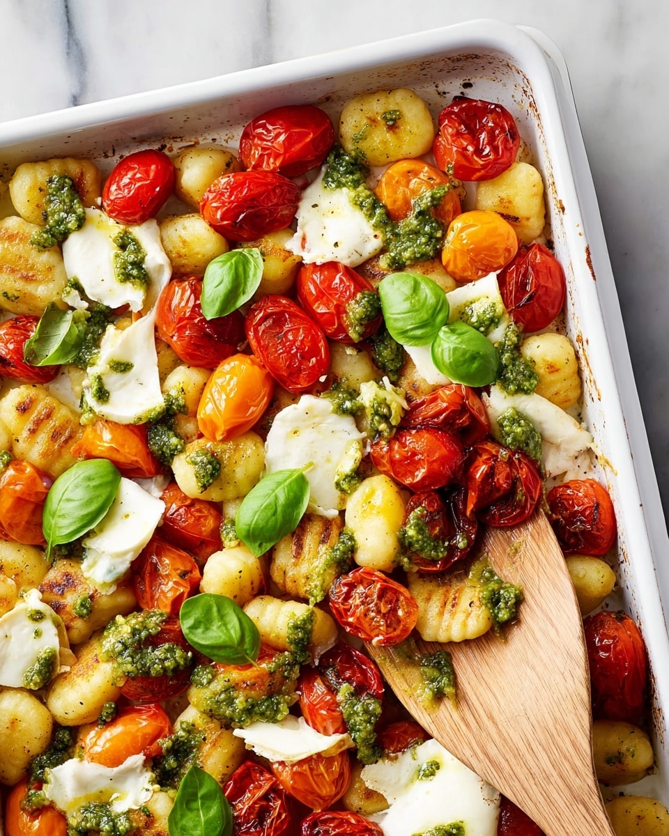 A white baking tray filled with golden-brown gnocchi pieces that have light grill marks forms the base. Scattered over the gnocchi are bright red and orange roasted cherry tomatoes with a slightly wrinkled texture. On top, there are torn pieces of soft, white mozzarella cheese. Bright green basil leaves are spread in several places across the dish, adding a fresh contrast. Small dollops of green pesto sauce are drizzled over the cheese and some gnocchi. A light wooden spatula rests diagonally on the tray, mixing some of the ingredients. The tray sits on a white marbled surface photo taken with an iphone --ar 4:5 --v 7