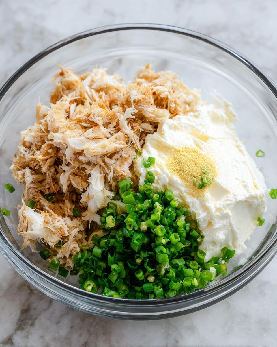 A clear glass bowl sits on a white marbled surface, filled with three main layers: shredded light brown crab meat on the top left, a smooth white cream cheese layer on the right, and bright green chopped scallions in the front center. There is also a small sprinkle of light yellow seasoning powder near the cream cheese. The textures contrast with the soft cream cheese, the flaky crab meat, and the fresh scallions. Photo taken with an iphone --ar 4:5 --v 7