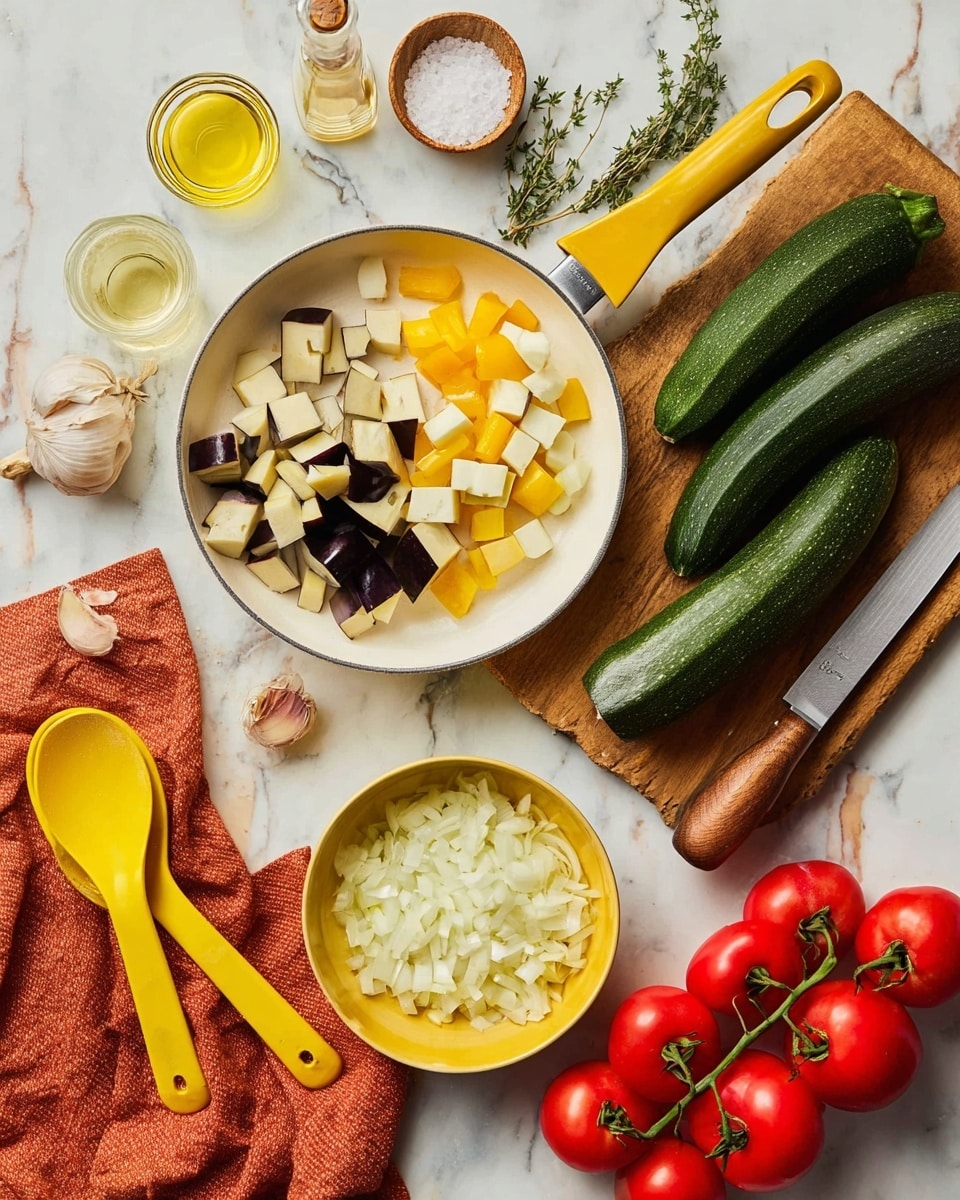 The image shows a white pan with a wooden handle and yellow base placed on a white marbled surface with a folded orange cloth nearby. On a wooden cutting board below the pan, there are two whole zucchinis, an eggplant cut into small cubes, a yellow bell pepper, garlic cloves, and a kitchen knife with a wooden handle. Next to the cutting board is a yellow bowl filled with finely chopped white onions. There are also a cluster of red tomatoes on the vine at the bottom right. Near the top left, there are bright yellow measuring spoons, a small glass bowl with salt, a small glass bottle with a clear liquid, and a sprig of green herbs. Photo taken with an iphone --ar 4:5 --v 7