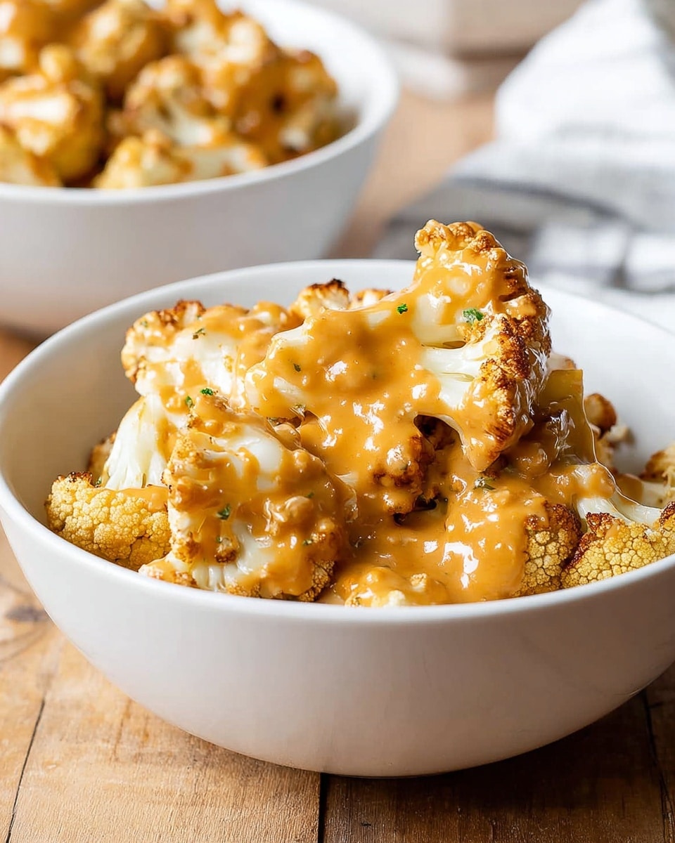 A white bowl filled with several pieces of roasted cauliflower coated in a thick, smooth orange sauce. The cauliflower pieces are layered naturally, showing white and light brown roasted edges with the sauce covering most of the surface in a rich, creamy texture. The bowl sits on a wooden table, and another white bowl with the same dish appears blurred in the background. The scene is bright and clean with soft natural lighting. Photo taken with an iphone --ar 4:5 --v 7