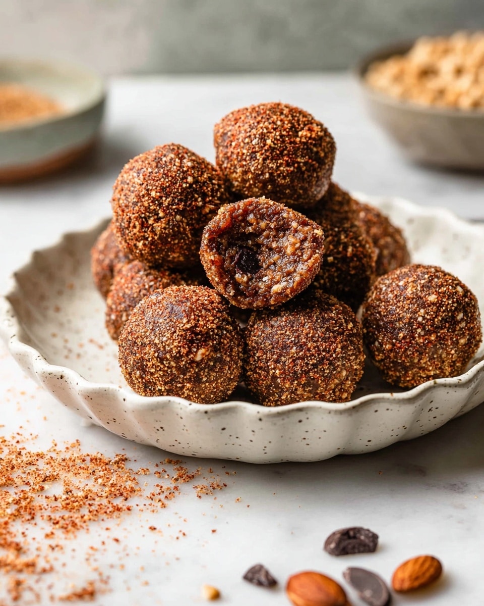 A group of round brown energy balls coated in a layer of finely ground nuts or seeds are piled on a white, scalloped ceramic plate with small brown speckles. One energy ball is sliced open in front, showing a dense, moist, and nutty interior with bits of nuts and chocolate chips visible inside. The plate sits on a white marbled surface lightly scattered with crumbs and small chunks of almonds and chocolate chips around it. The background is softly blurred with muted tones and a bowl of ground nuts partially visible. photo taken with an iphone --ar 4:5 --v 7