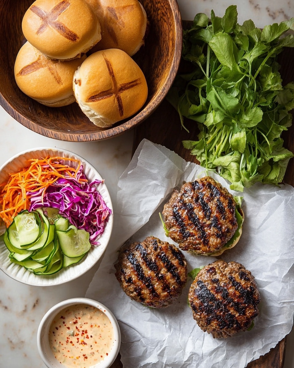 The image shows three grilled patties with dark grill marks placed on white parchment paper. To the right of the patties is a bunch of fresh green leafy herbs. Above the patties, there is a wooden bowl filled with four toasted sandwich buns, two tops and two bottoms, with light brown grill marks on the tops. To the left of the patties, there is a white ceramic bowl containing two layers of vegetables: thin green cucumber ribbons on the bottom and a colorful mix of shredded purple cabbage, orange carrot, and green scallions on top. At the bottom right corner, a small white bowl holds a creamy sauce with visible specks of red and green. The whole setting is on a white marbled texture. photo taken with an iphone --ar 4:5 --v 7