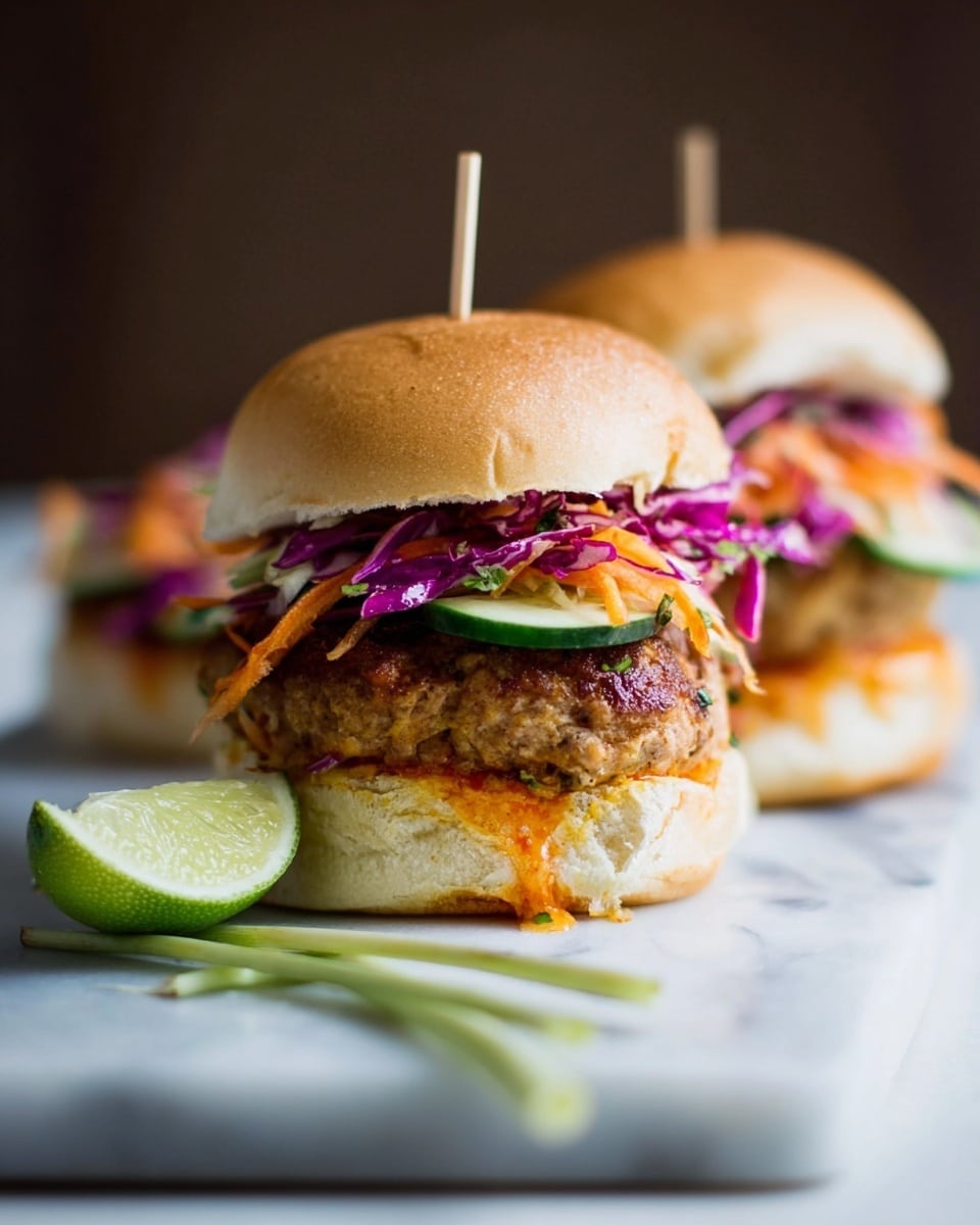 Two chicken burgers sit on a white marbled surface, each with a soft, light brown bun on top. Each burger has a thick, browned chicken patty in the middle, with some sauce melting and spilling out at the bottom. On top of the patty, there is a colorful layer of shredded purple cabbage, bright orange carrot strips, and fresh green cucumber slices. Each burger is held together with a wooden skewer through the top bun. Beside the front burger, there is a wedge of lime and a stalk of lemongrass on the white marbled surface. Photo taken with an iphone --ar 4:5 --v 7