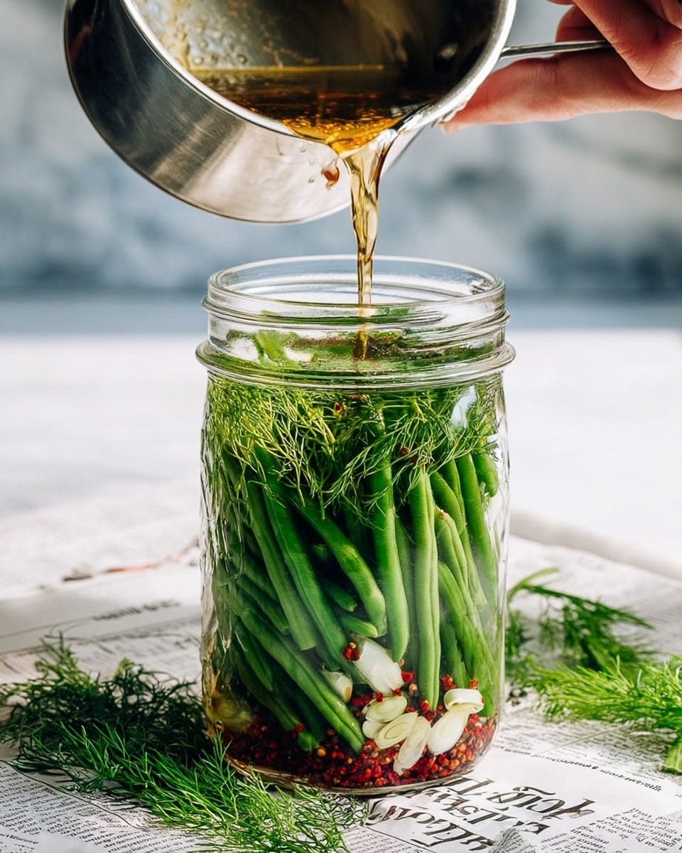 A clear glass jar filled with green beans and sprigs of fresh dill, layered tightly together with some white cloves visible inside. A woman's hand holds a shiny silver pot above the jar, pouring a golden liquid with floating red peppercorns into the jar. The jar rests on a white marbled surface covered partly with newspaper text. The background is softly blurred with white and gray tones. photo taken with an iphone --ar 4:5 --v 7