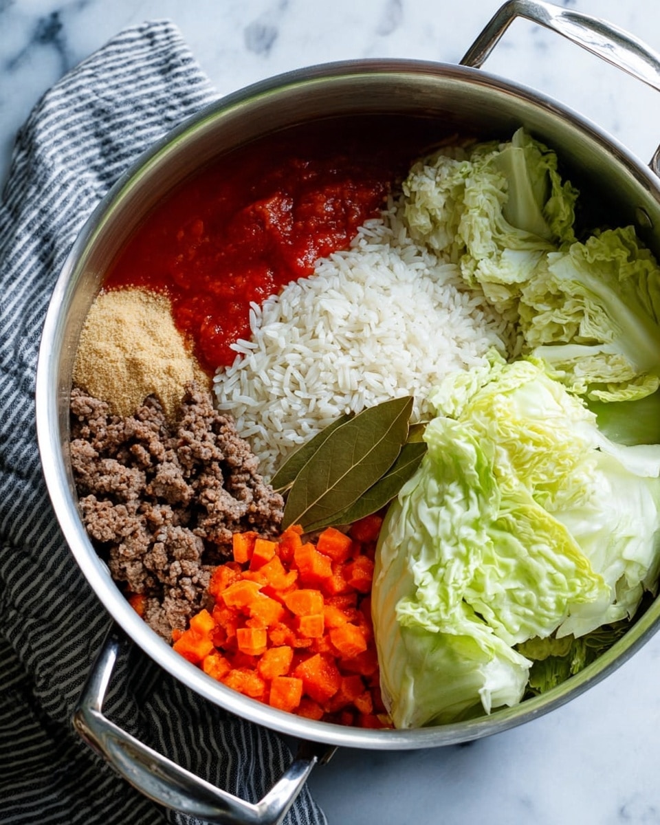 A large silver cooking pot sits on a white marbled surface with a striped cloth near it. Inside the pot, the ingredients are separated into distinct sections: white uncooked rice on the upper left, red tomato sauce slightly below it, light brown brown sugar in a small mound near the bottom left, dark cooked ground meat near the center, bright orange chopped carrots in the bottom right, and large pale green cabbage leaves on the right side. Two light green bay leaves rest on top of the rice and cabbage, adding an earthy detail to the mix. The textures vary from smooth sauce to rough meat and crisp cabbage. Photo taken with an iphone --ar 4:5 --v 7