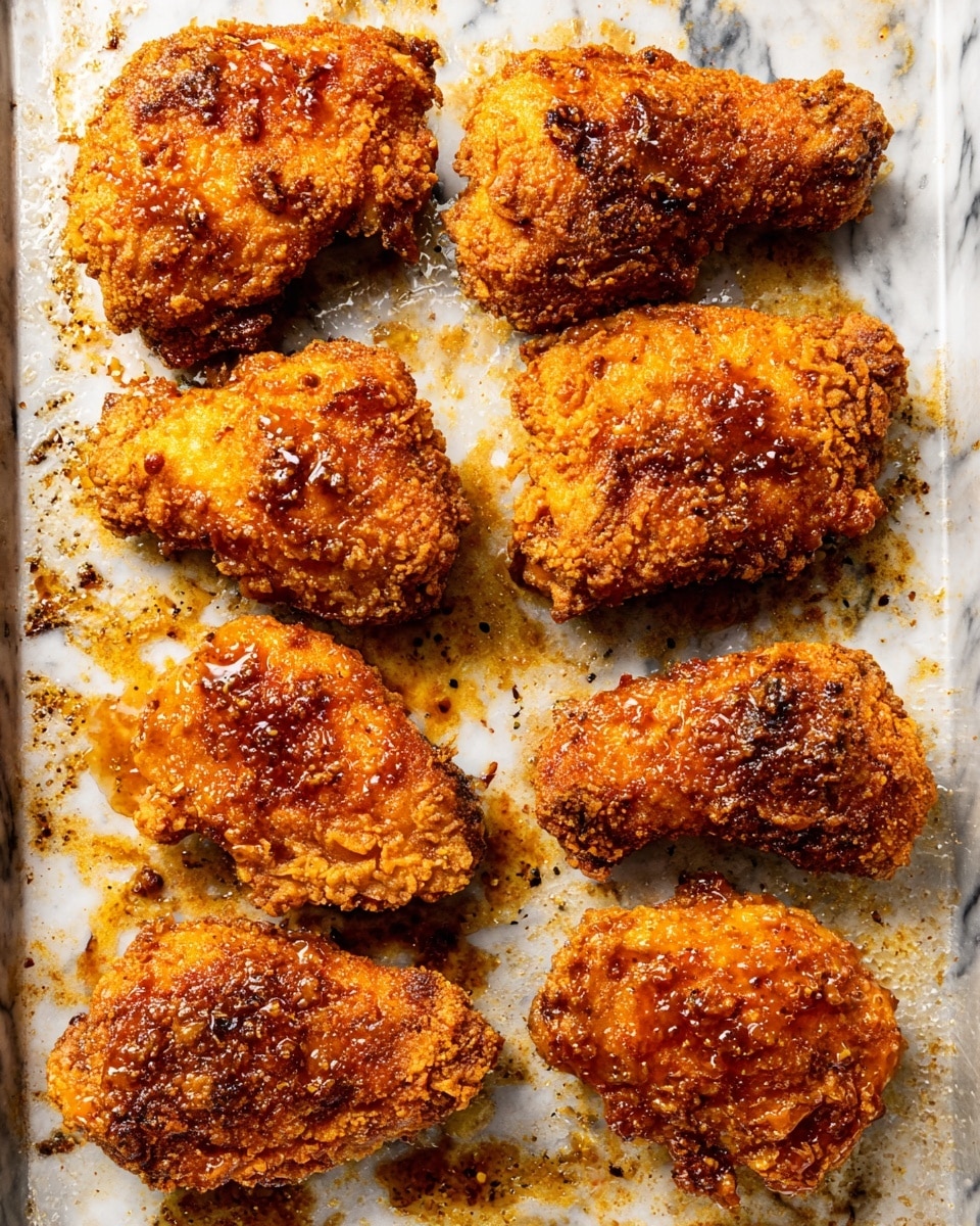 The image shows a close-up of eight pieces of golden brown fried chicken on a baking tray. Each piece has a rough, crispy texture with some darker brown spots and shiny glaze on top, showing they are freshly cooked and coated with sauce or oil. The fried chicken pieces are irregular in shape, and the tray underneath has greasy spots and browned bits. The background is a white marbled surface. photo taken with an iphone --ar 4:5 --v 7